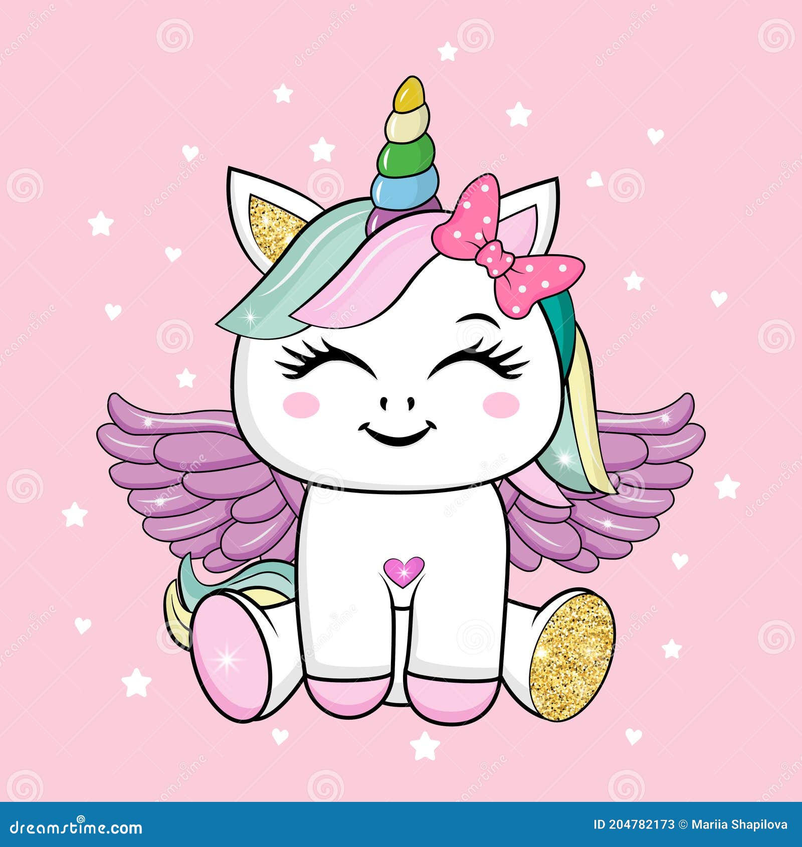 Cute Little Unicorn with Wings and Gold Glitter Elements Stock Vector