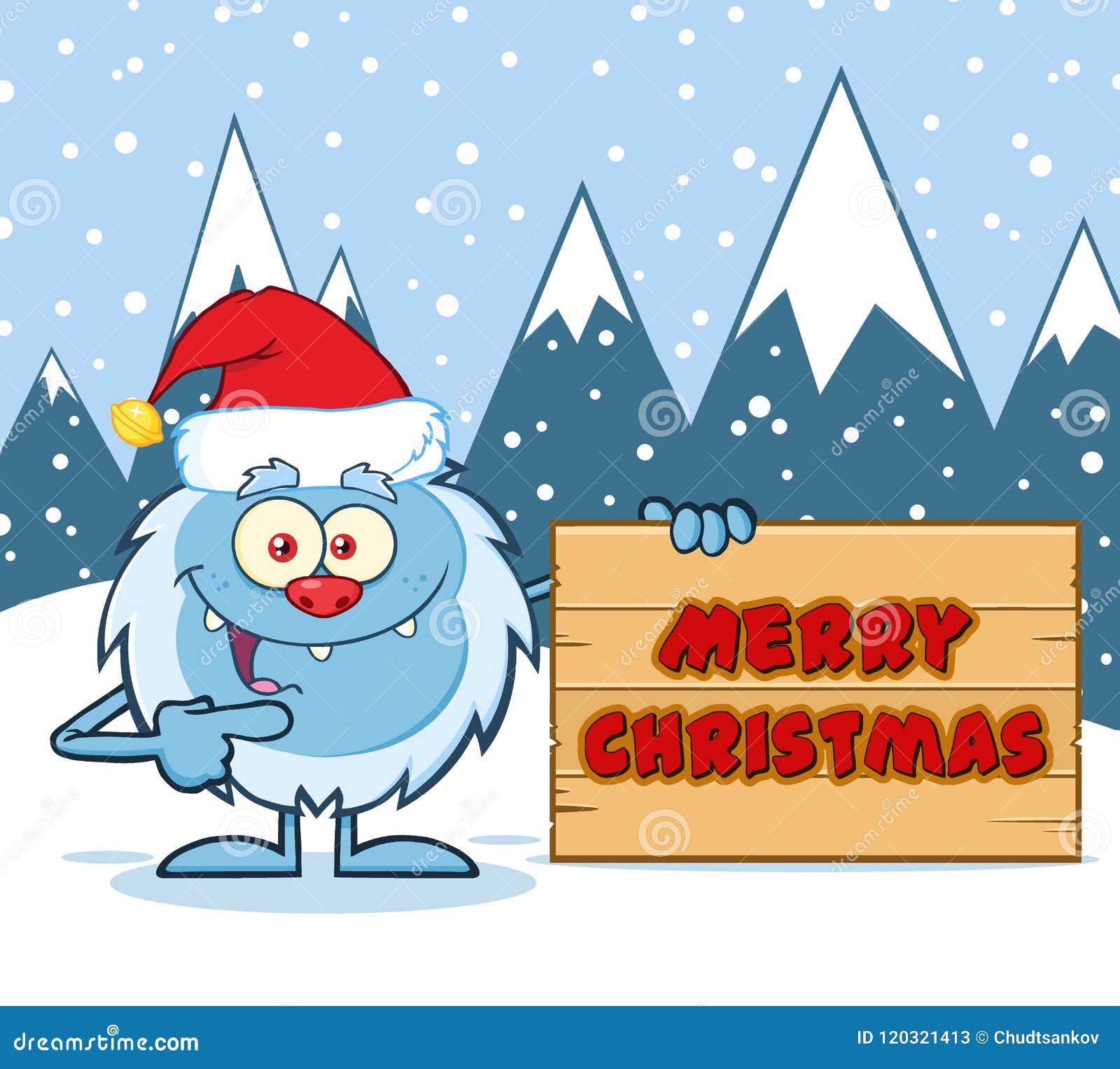 Download Cute Little Yeti Cartoon Mascot Character Pointing To A Wooden Blank Sign Stock Illustration