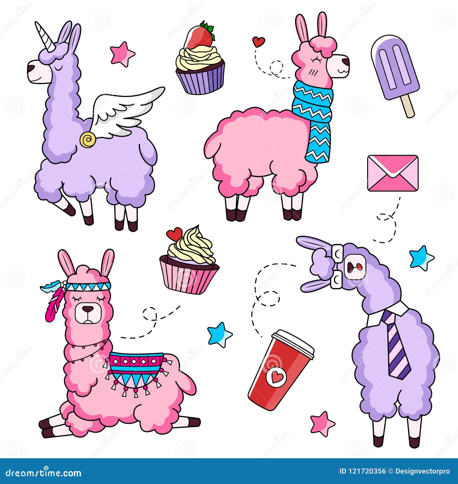 cute llama characters set with doodles. unicorn llama. business