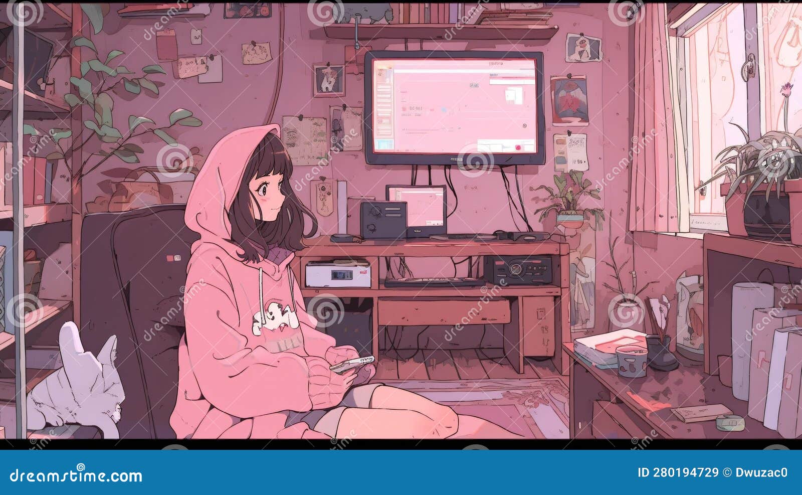 Cute LOFI Girl in a Room Illustration, Anime Manga Style Wallpaper ...