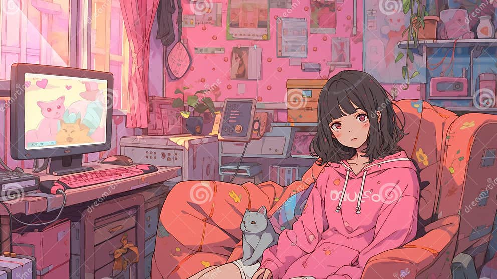 Cute LOFI Girl in a Room Illustration, Anime Manga Style Wallpaper ...