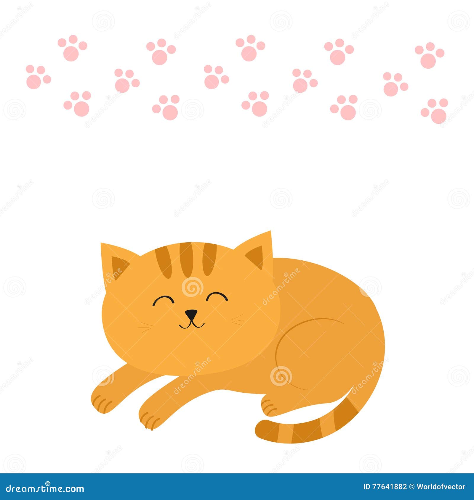 Cute Lying Sleeping Orange Cat With Moustache Whisker Funny Cartoon Character Pink Animal Paw Print White Background Stock Vector Illustration Of Animal Line