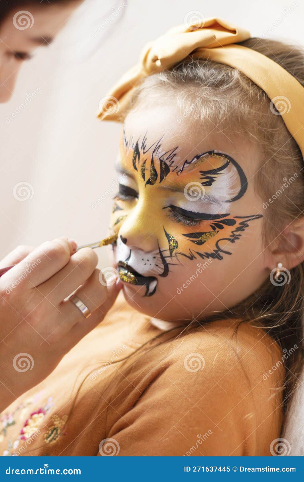 Cute Makeup Little Tiger. Girl Getting Face Painting Outdoors, Stock Image  - Image of coloring, animals: 271637445