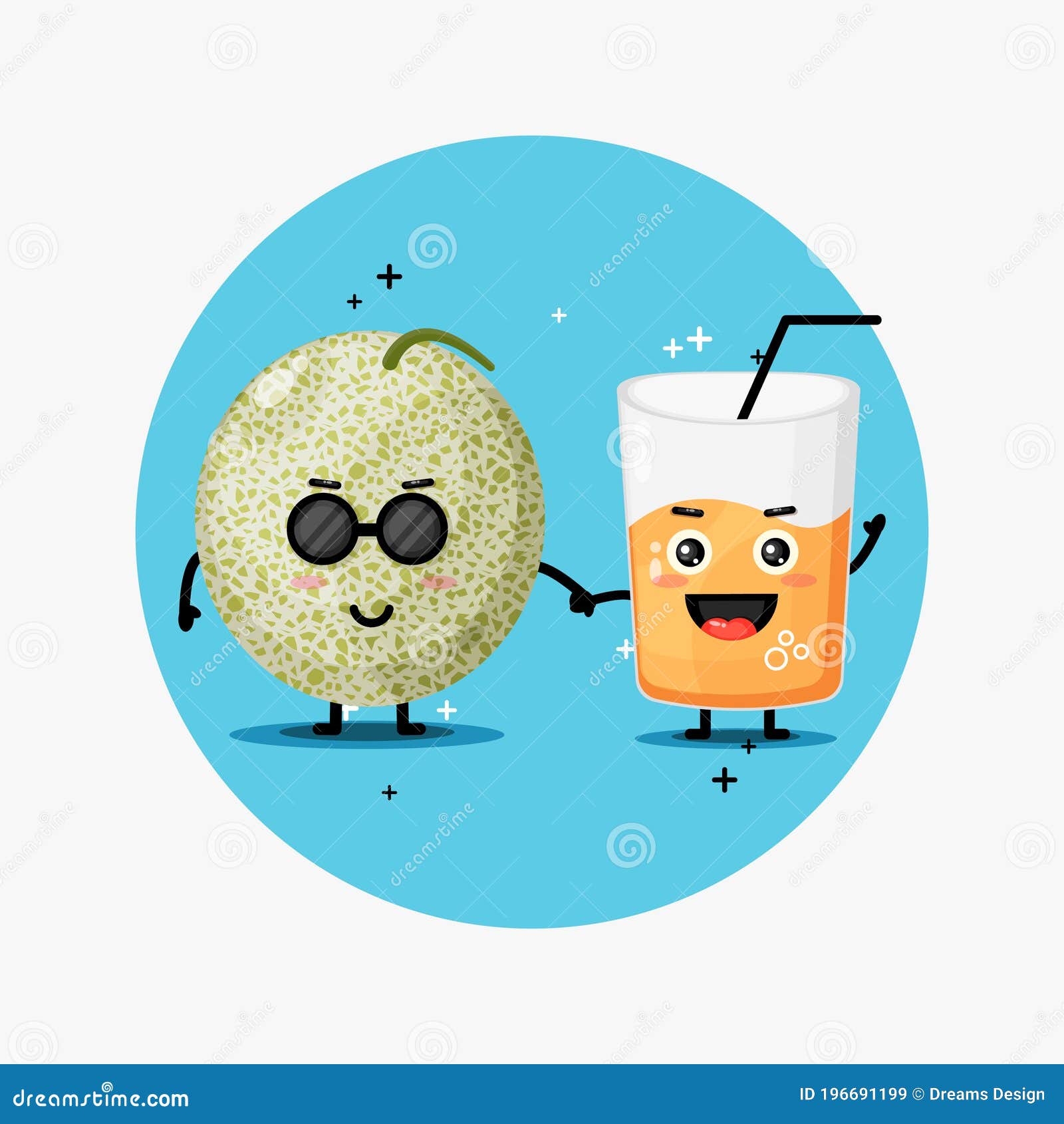 Cute Melon and Melon Juice Mascot Holding Hands Stock Vector