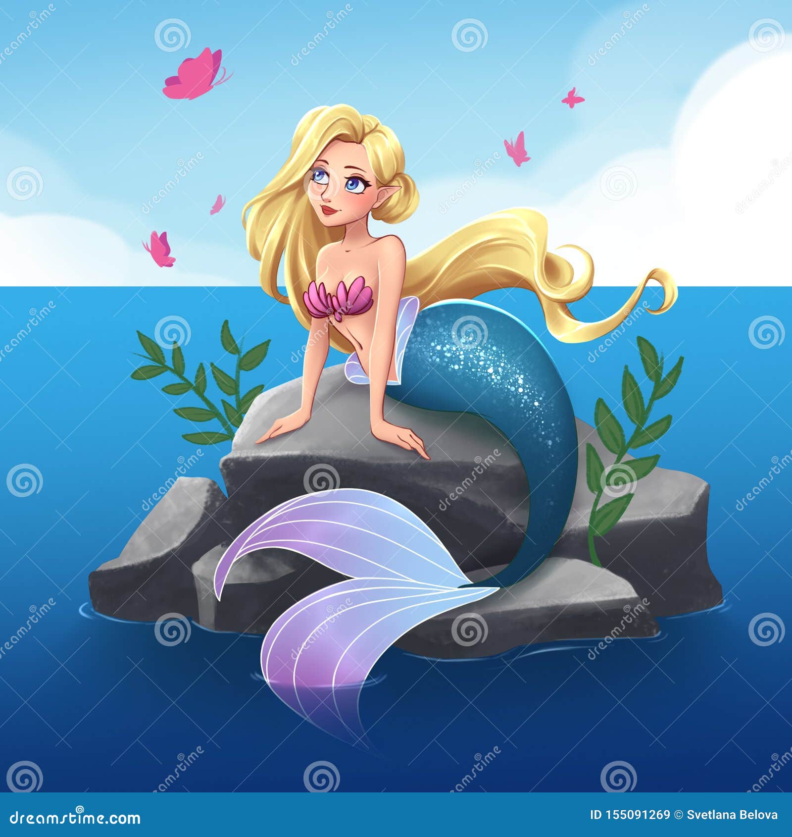 Cute Mermaid with Blonde Hair and Blue Tail Sitting on Stone. Hand Drawn Cartoon Illustration. on White Stock Illustration - Illustration of fish, background: 155091269 Cute Mermaid with Blonde Hair and Blue Tail Sitting on Stone. Hand Drawn Cartoon Illustration. on White Stock Illustration - Illustration of fish, background: 155091269
