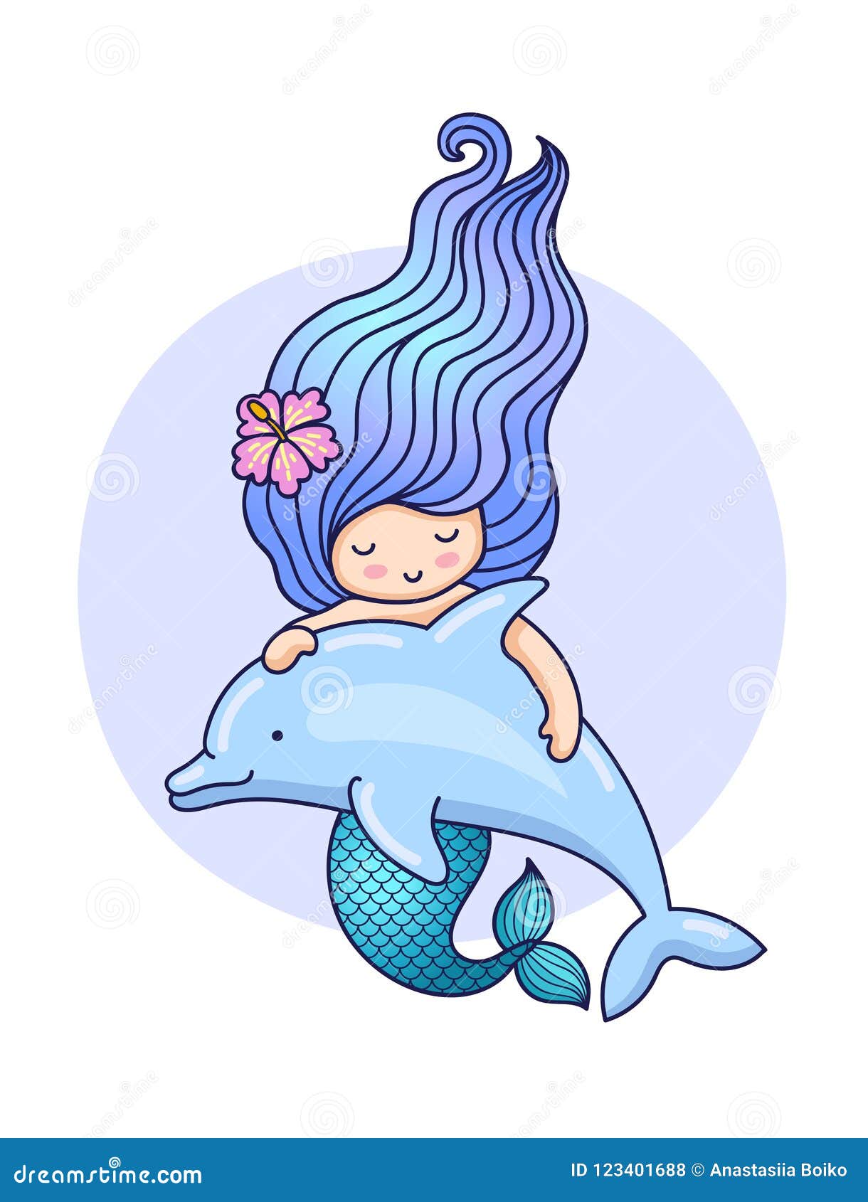 Cute Mermaid Floating With Dolphin Stock Vector