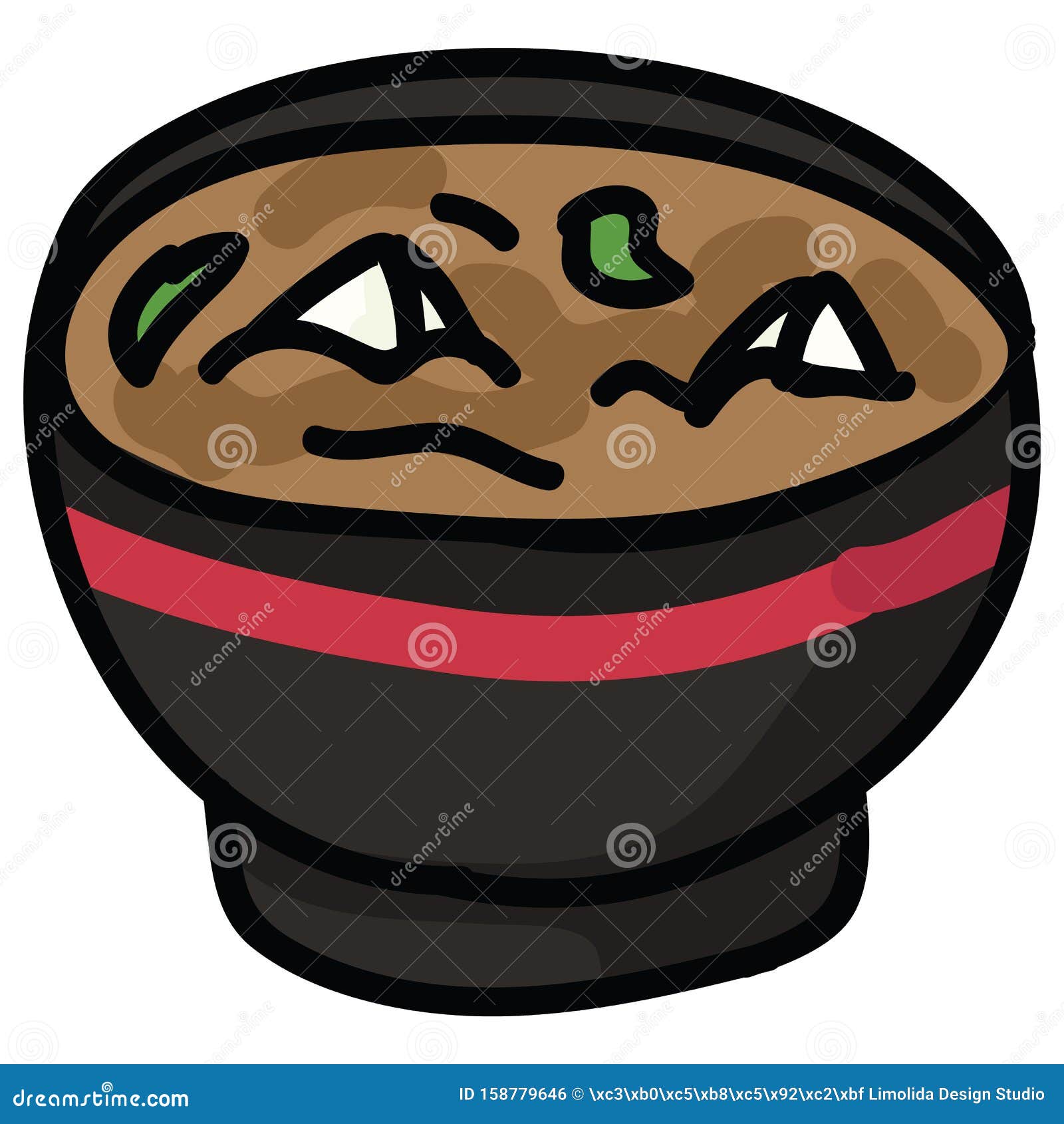 Cute Miso Soup with Tofu Illustration. Hand Drawn Japanese Food Nori