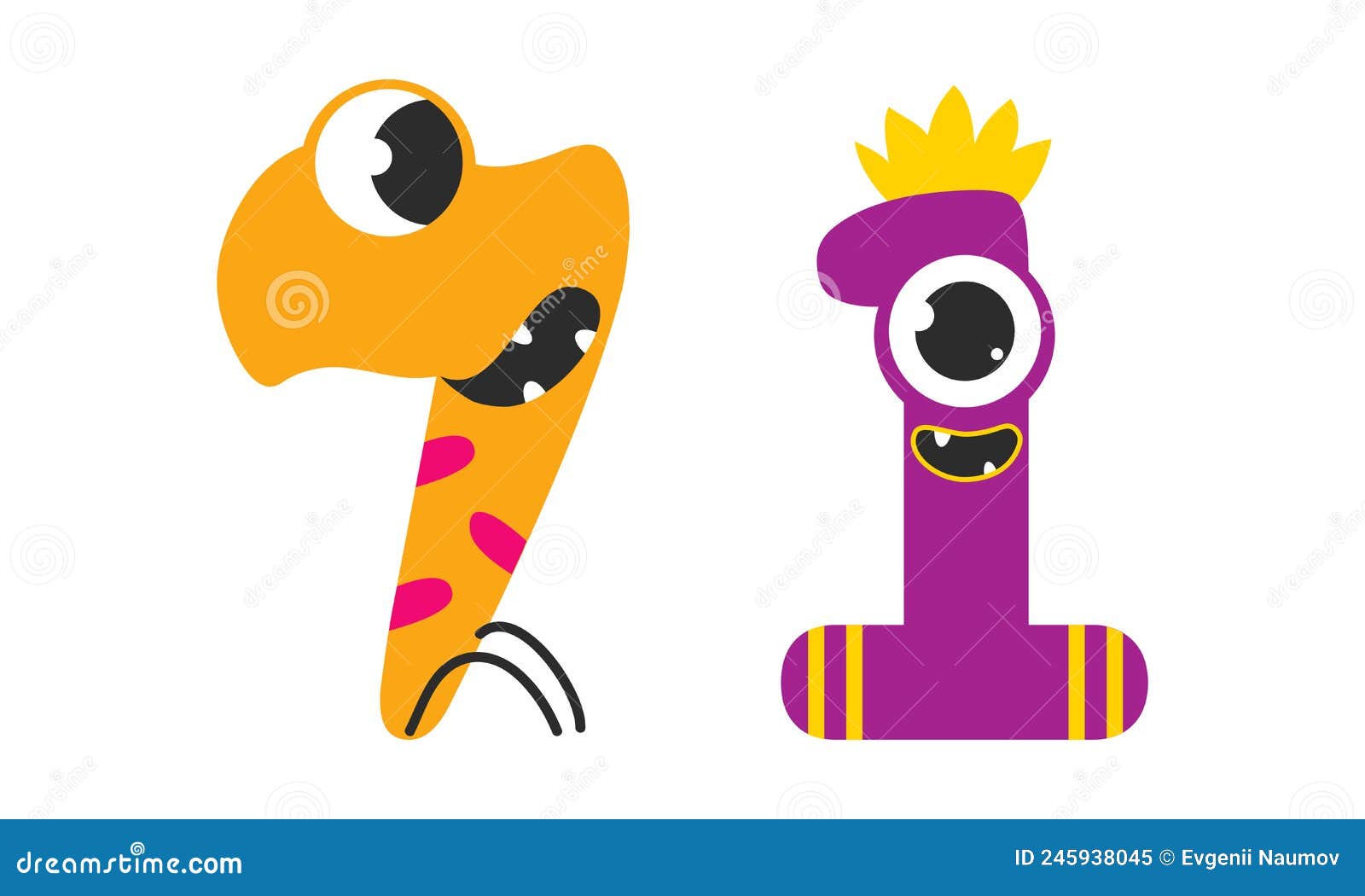 Cute Monster Numbers. 7, 1 Number in Shape of Funny One Eyed Colorful