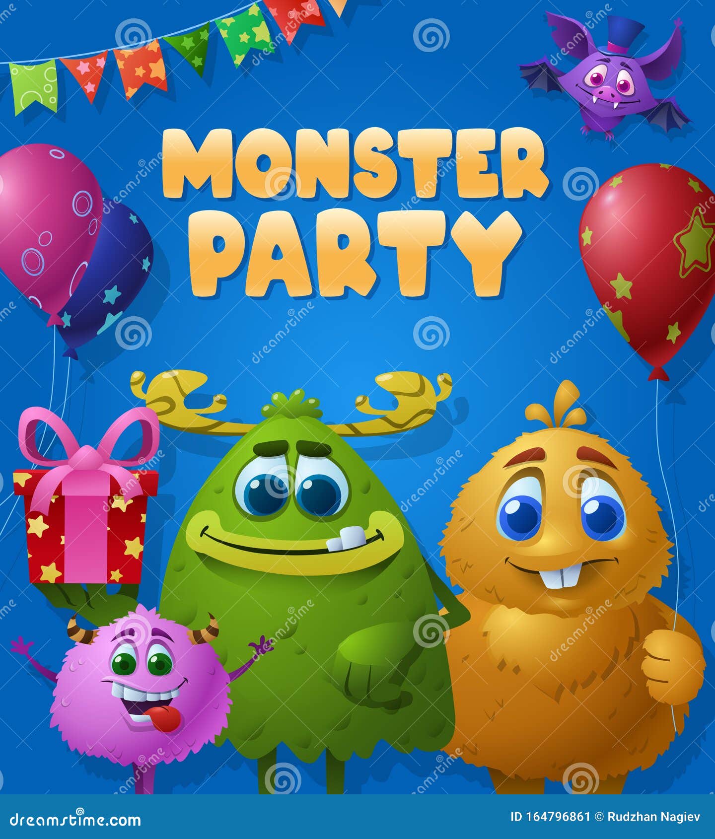 Cute Monster Party Poster with Fantasy Creatures Stock Vector ...