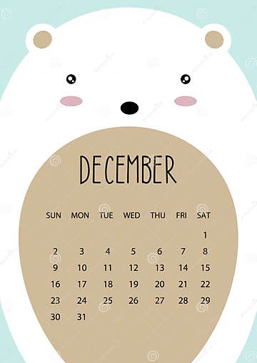 Cute Month Calendar Design For 2018 Year Bear December A4 Format 