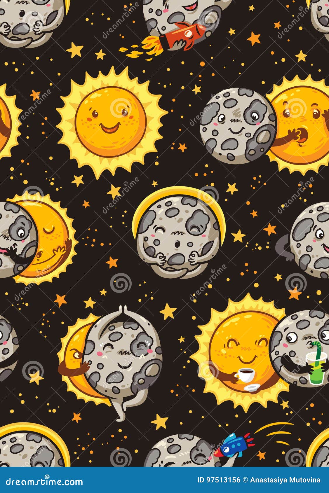 Cute Moon Practice of Yoga. Solar Eclipse Seamless Pattern Stock Vector -  Illustration of cute, cycle: 97513156