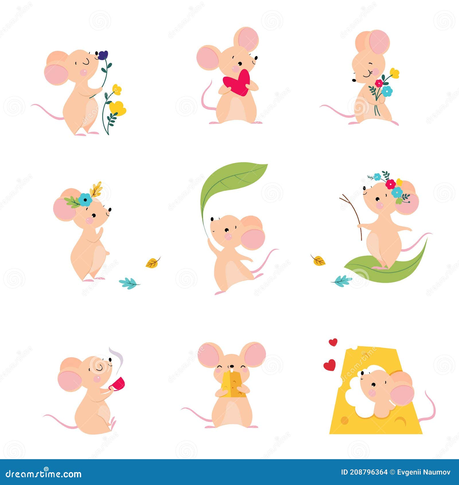 cute mouse with pointed snout and rounded ears holding heart and nibbling cheese slab  set