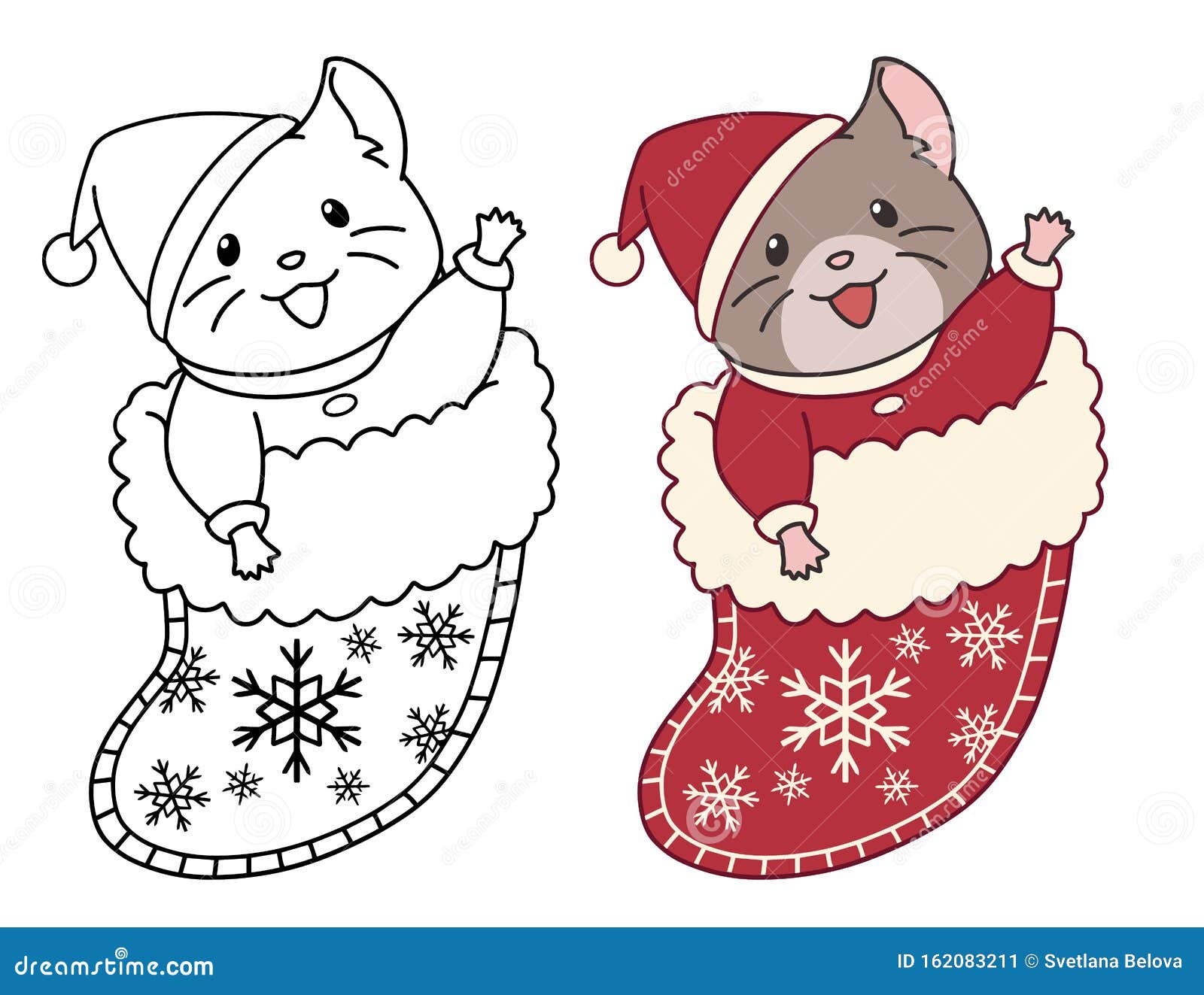 Cute Mouse Sits in a Christmas Sock for Gifts. Contour Doodle Picture
