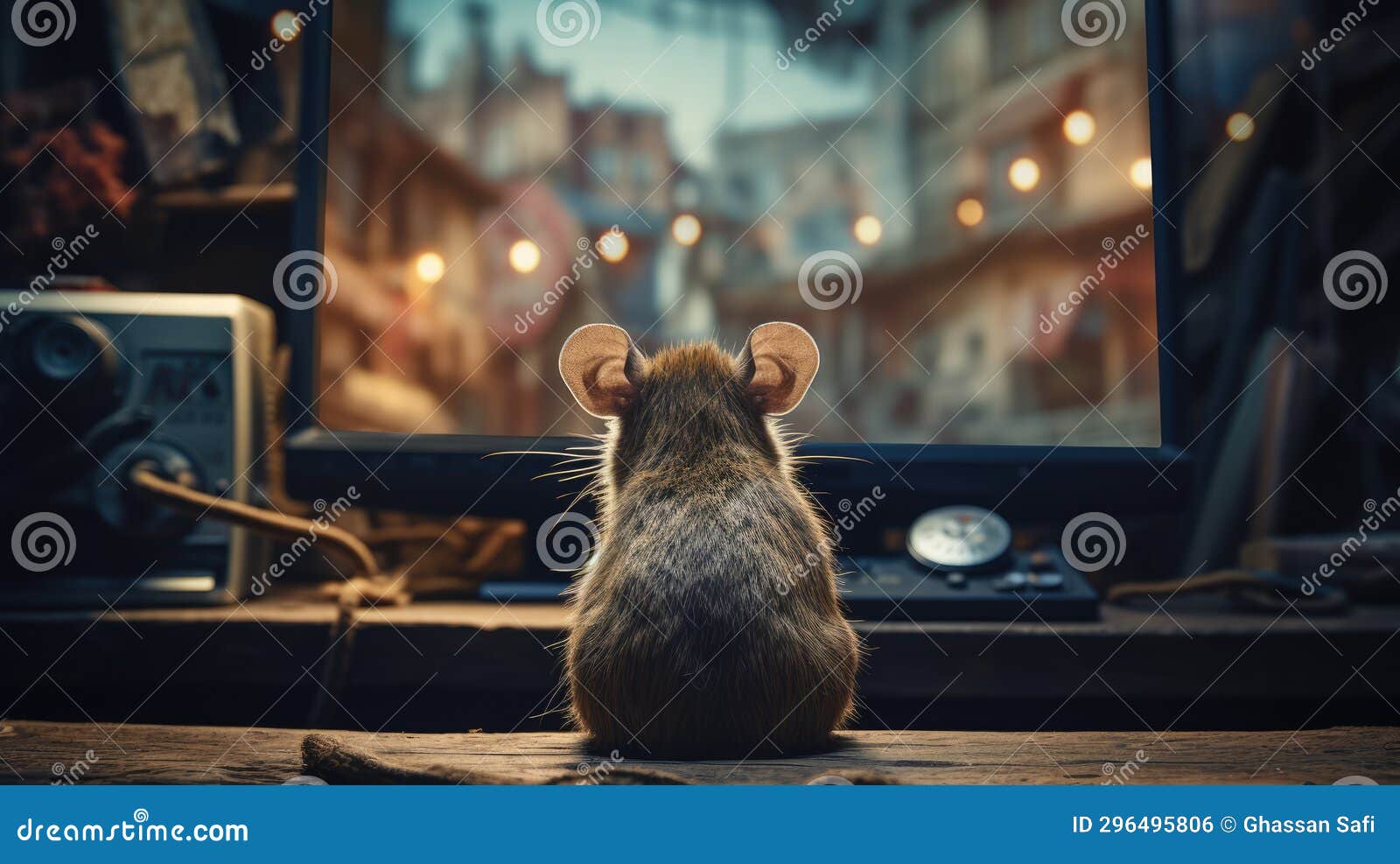 A cute mouse watching TV stock illustration. Illustration of kitten 296495806