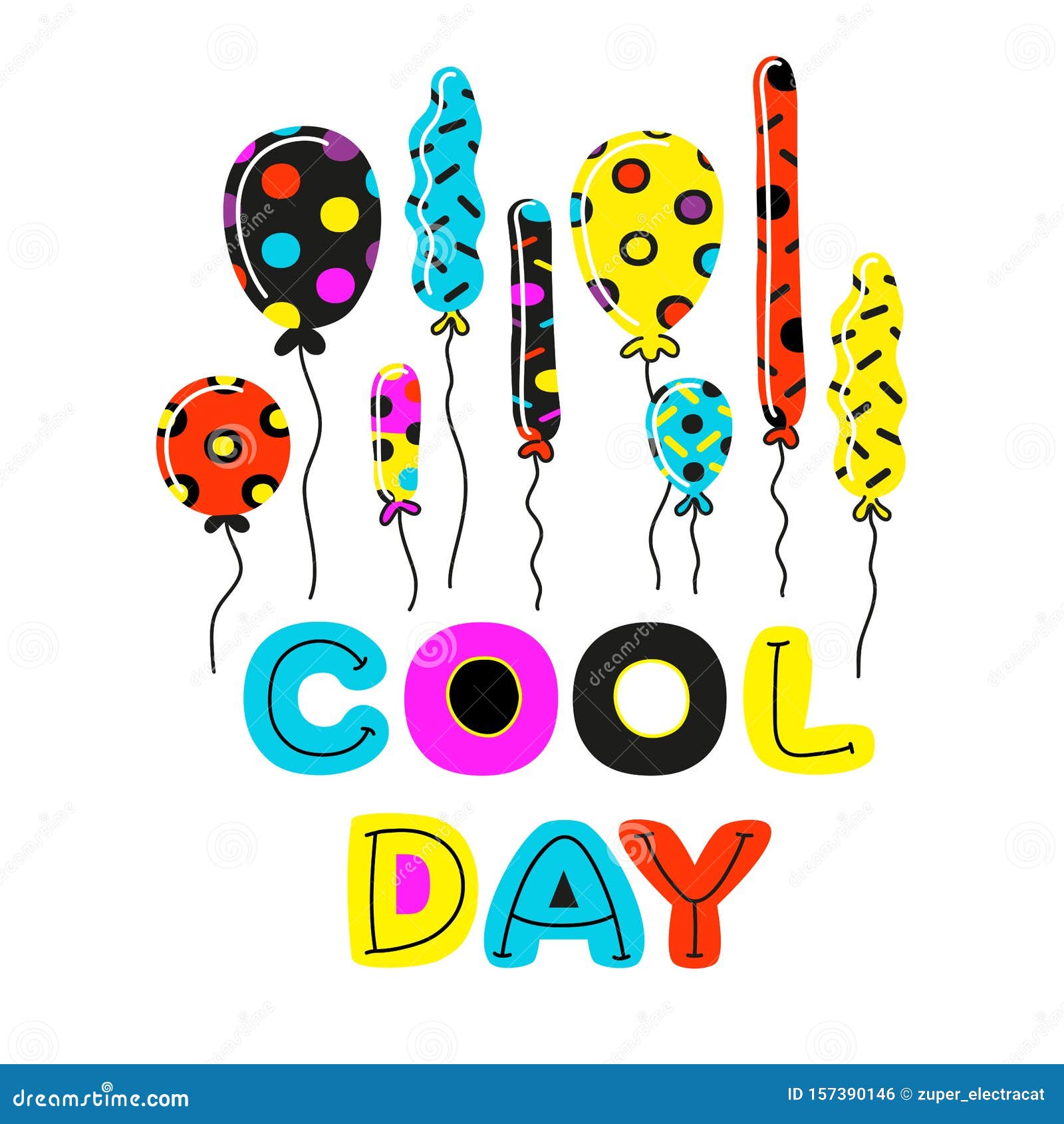 Cute Multicolored Balloons and Motivation Phrase COOL DAY in Doodle