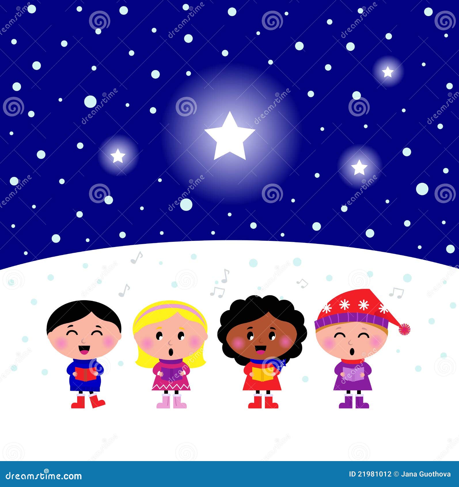 Cute Multicultural Kids Singing Christmas Sign Stock Vector