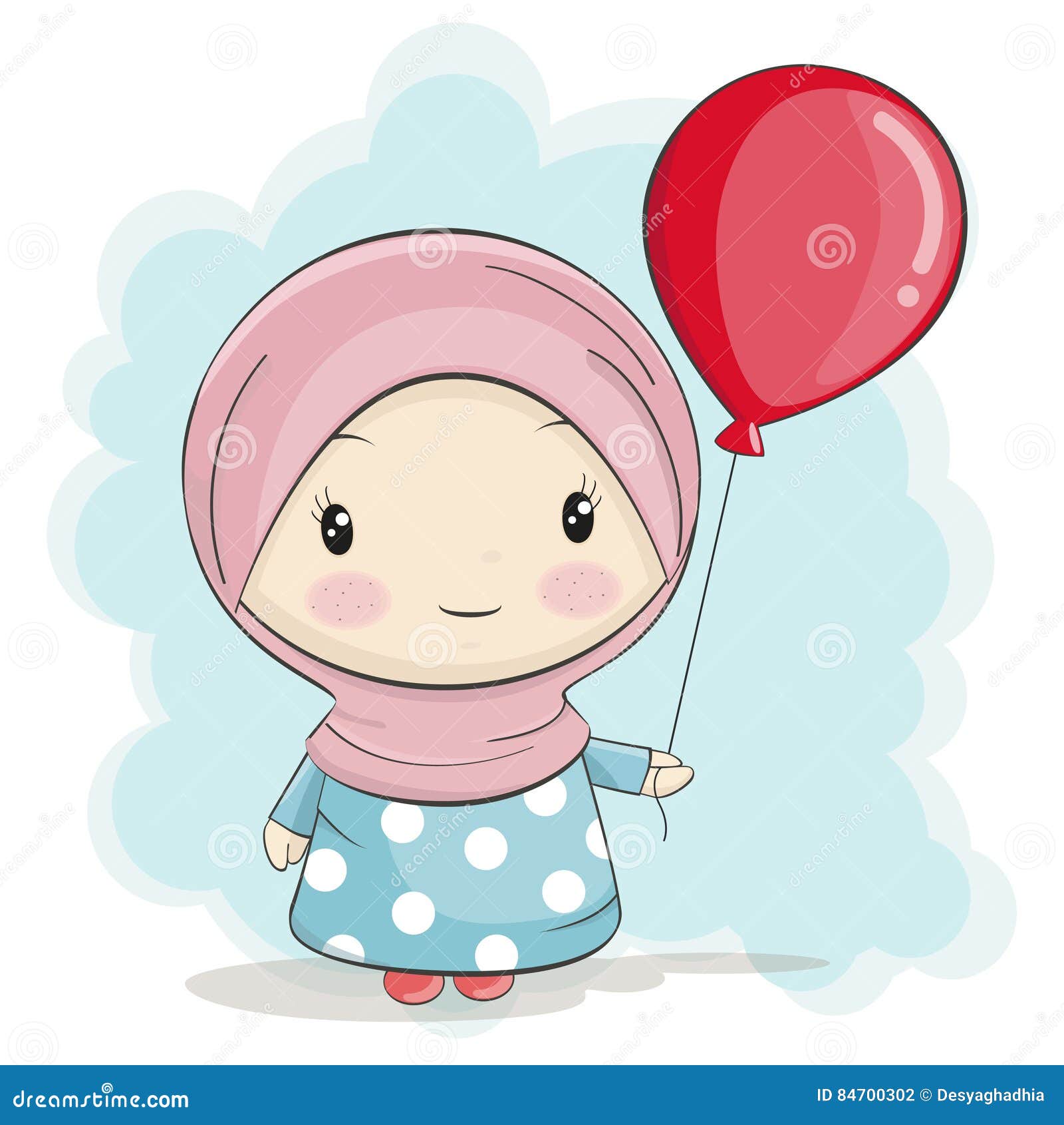 A Cute Muslim Girl Cartoon with Red Balloon Stock Vector ...