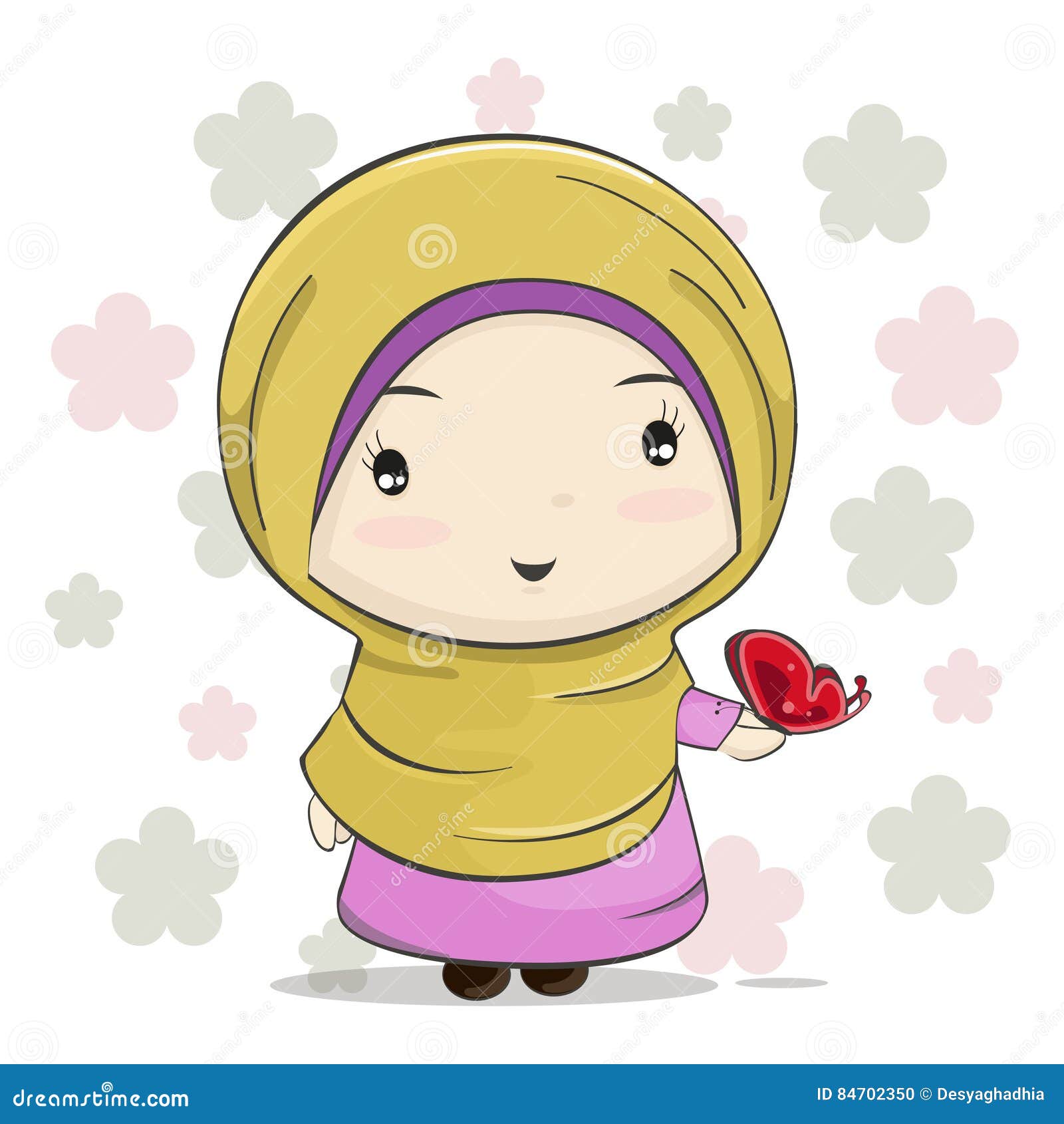 A Cute Muslim Girl Cartoon with Red Butterfly on Her Hand Stock ...