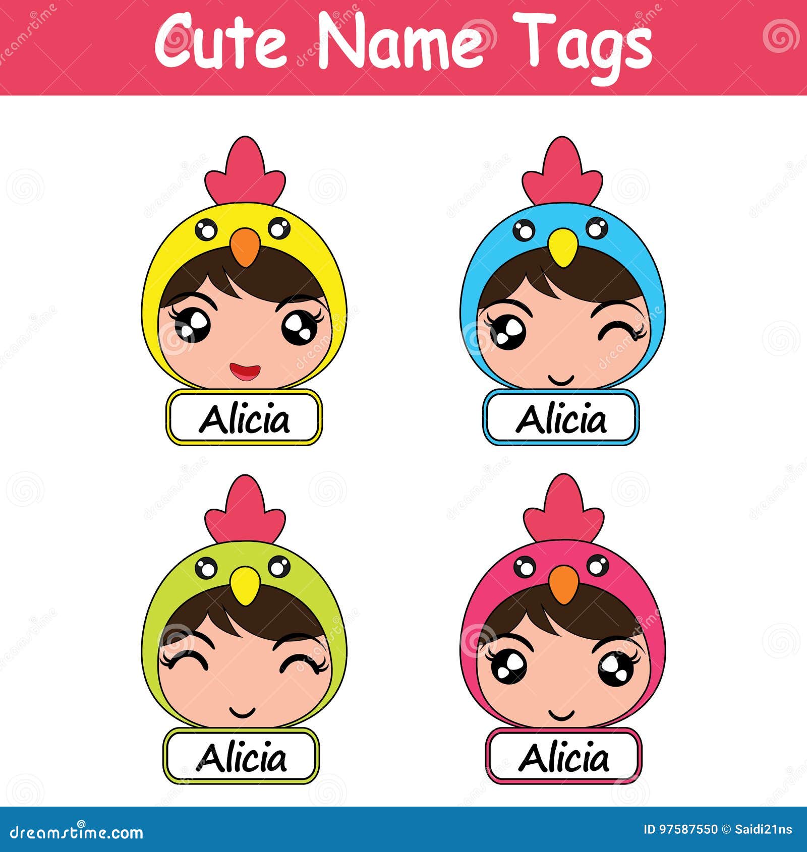 Cute Name Tags Cartoon Illustration With Cute Colorful Chick Girls Suitable  For Kid Name Tags Design Stock Vector - Illustration Of Portrait, Cartoon:  97587550