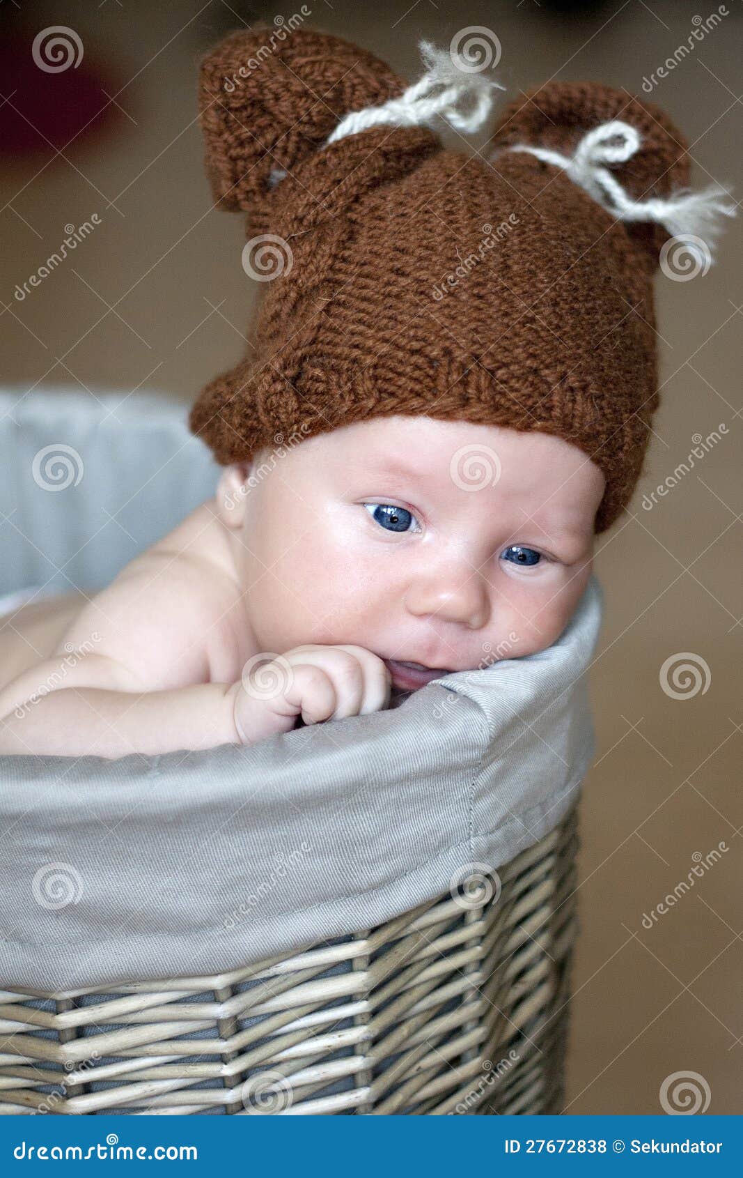 Cute Newborn Baby in a Basket Stock Photo Image of asleep, finger