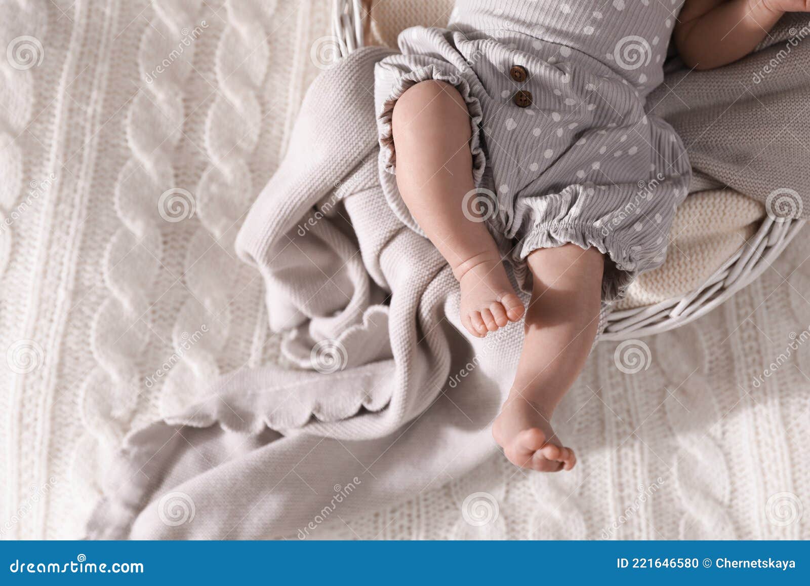 Cute Newborn Baby in Basket on Bed, Top View Stock Photo Image of