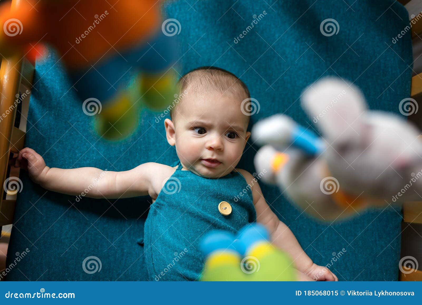 Cute Newborn Baby On A Blue Blanket Baby In His Bed Closeup Portrait