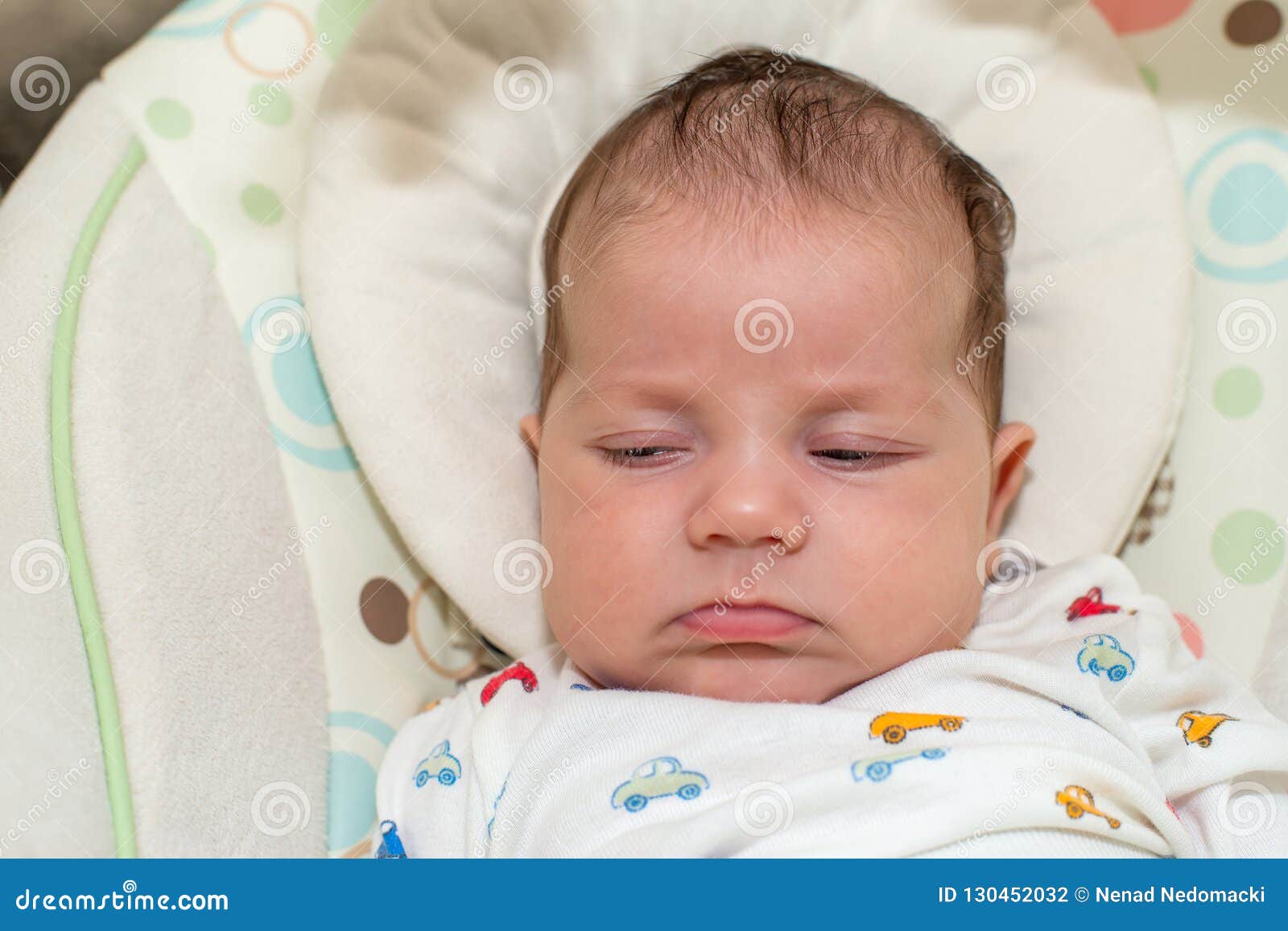 Cute Newborn Baby Boy, Sleeping in a Swing Stock Photo Image of face
