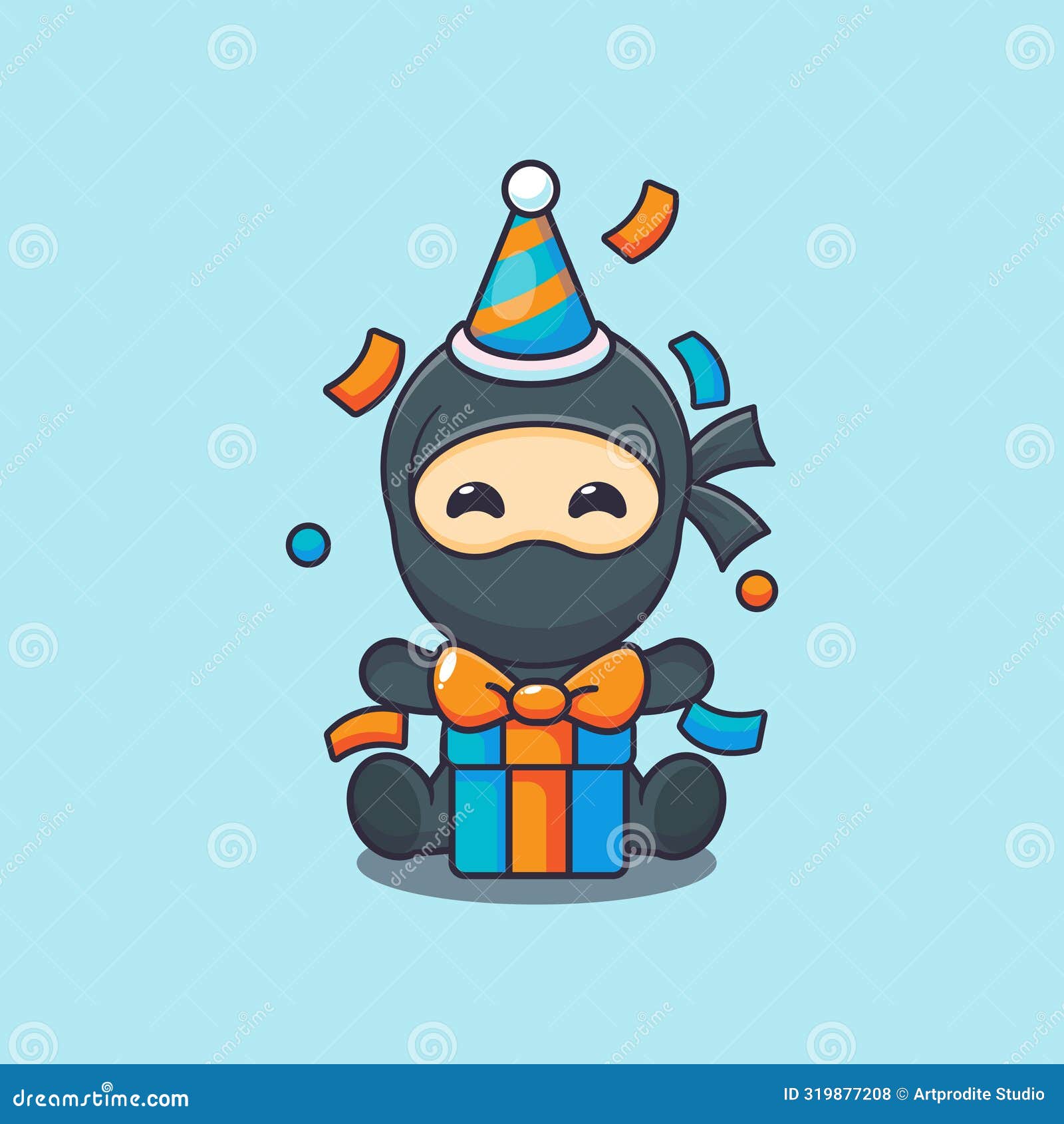 Cute Ninja in Birthday Party Cartoon Vector Illustration Stock Vector