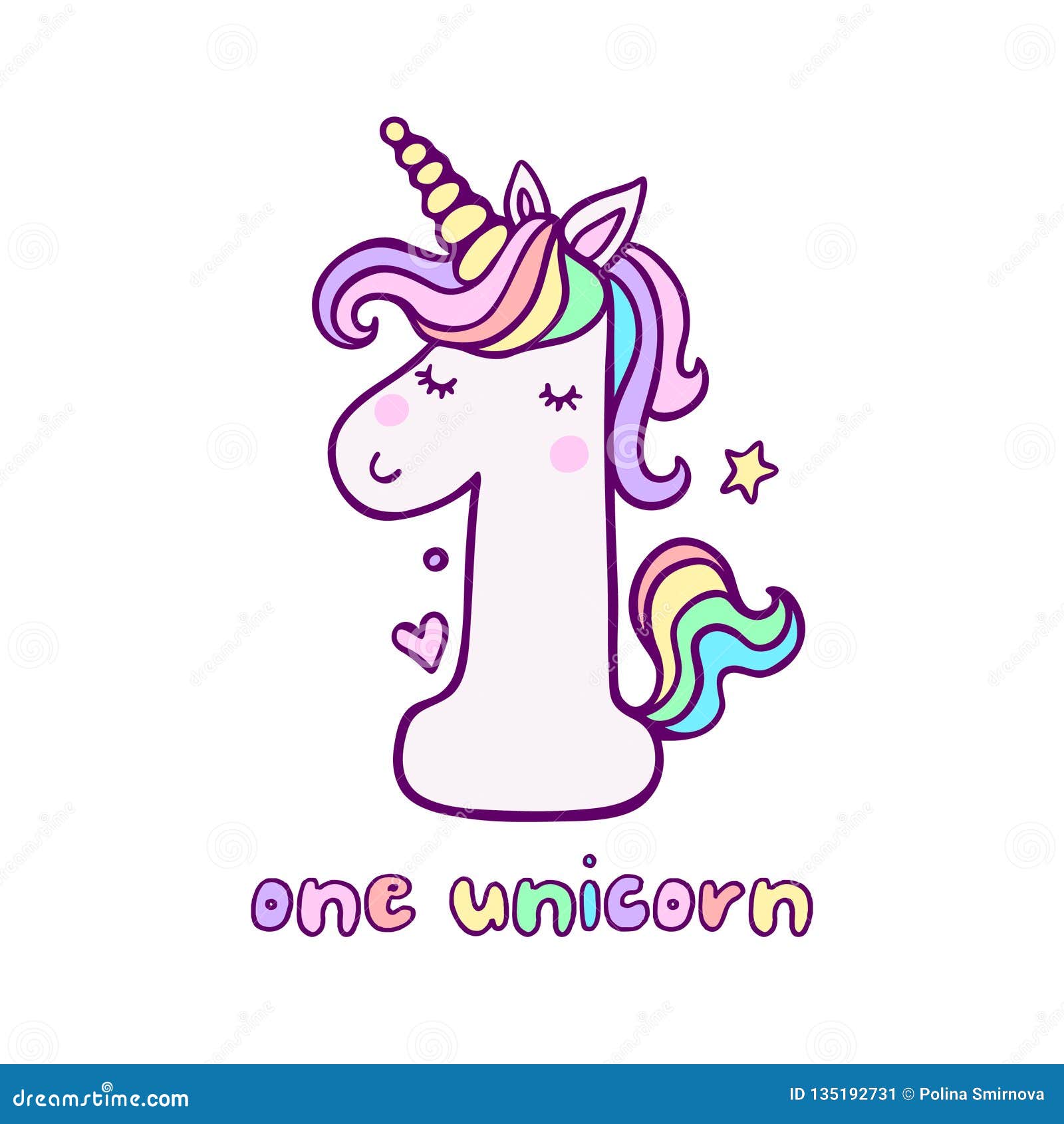 cute number one unicorn character vector illustration stock vector
