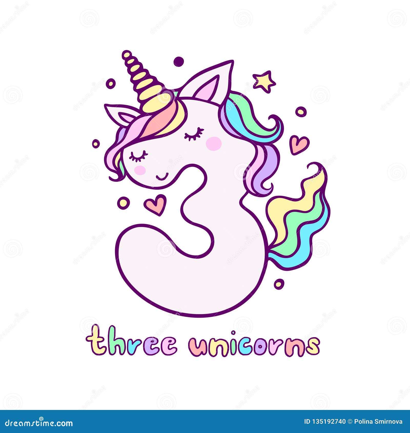 Cute Number Three Unicorn Character Vector Illustration Stock Vector