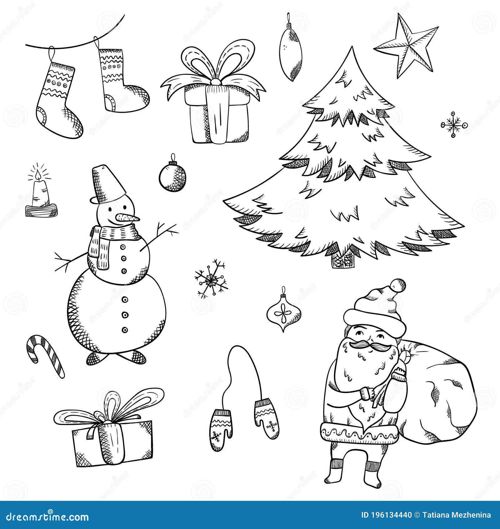 Cute Outline Black Doodle Christmas Elements Stock Vector ...