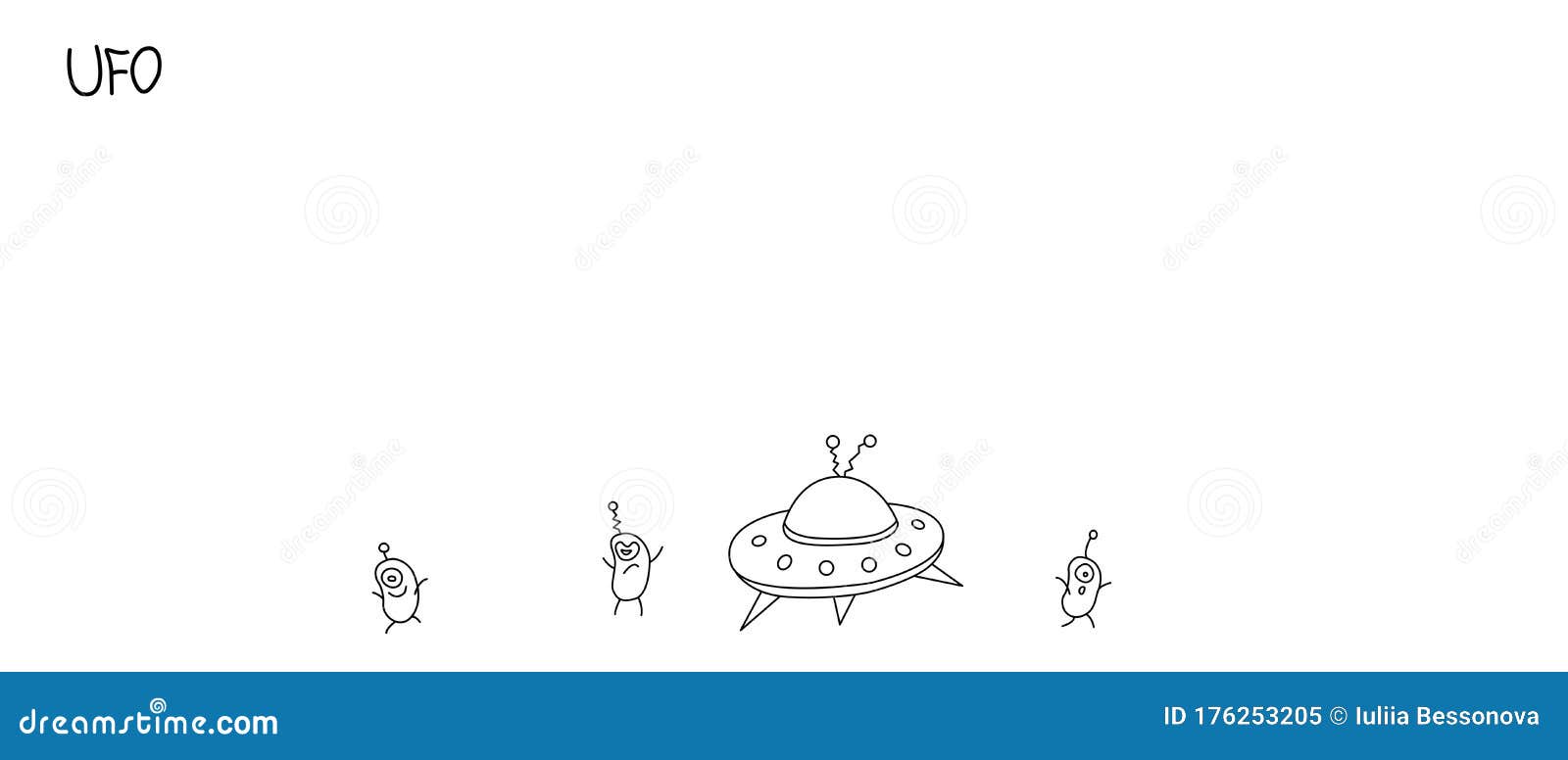 cute outline funny aliens, flying saucer, spaceship. background on the theme of ufo, space. doodles  