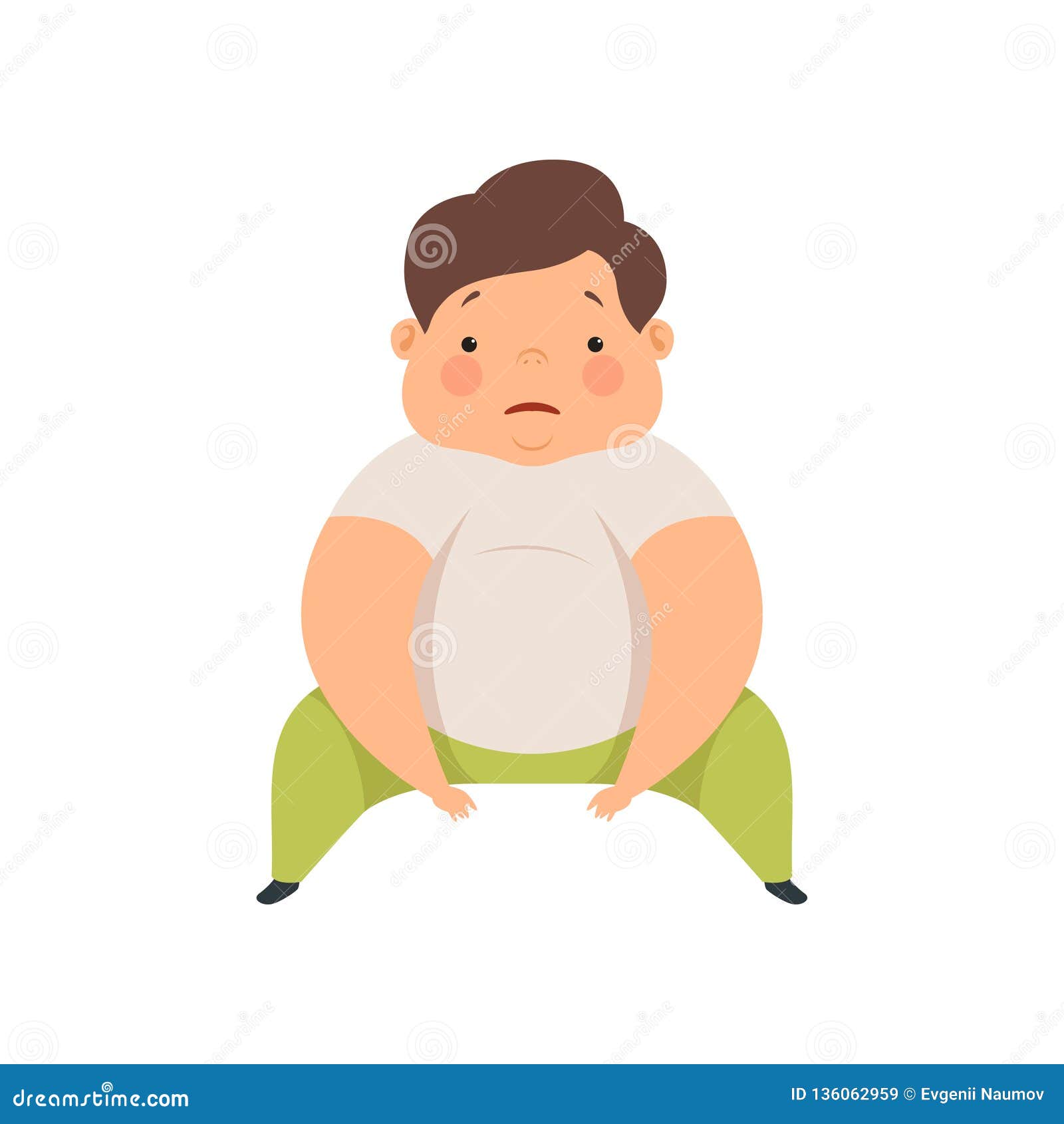 Cute Overweight Boy Sitting on the Floor, Chubby Child Cartoon