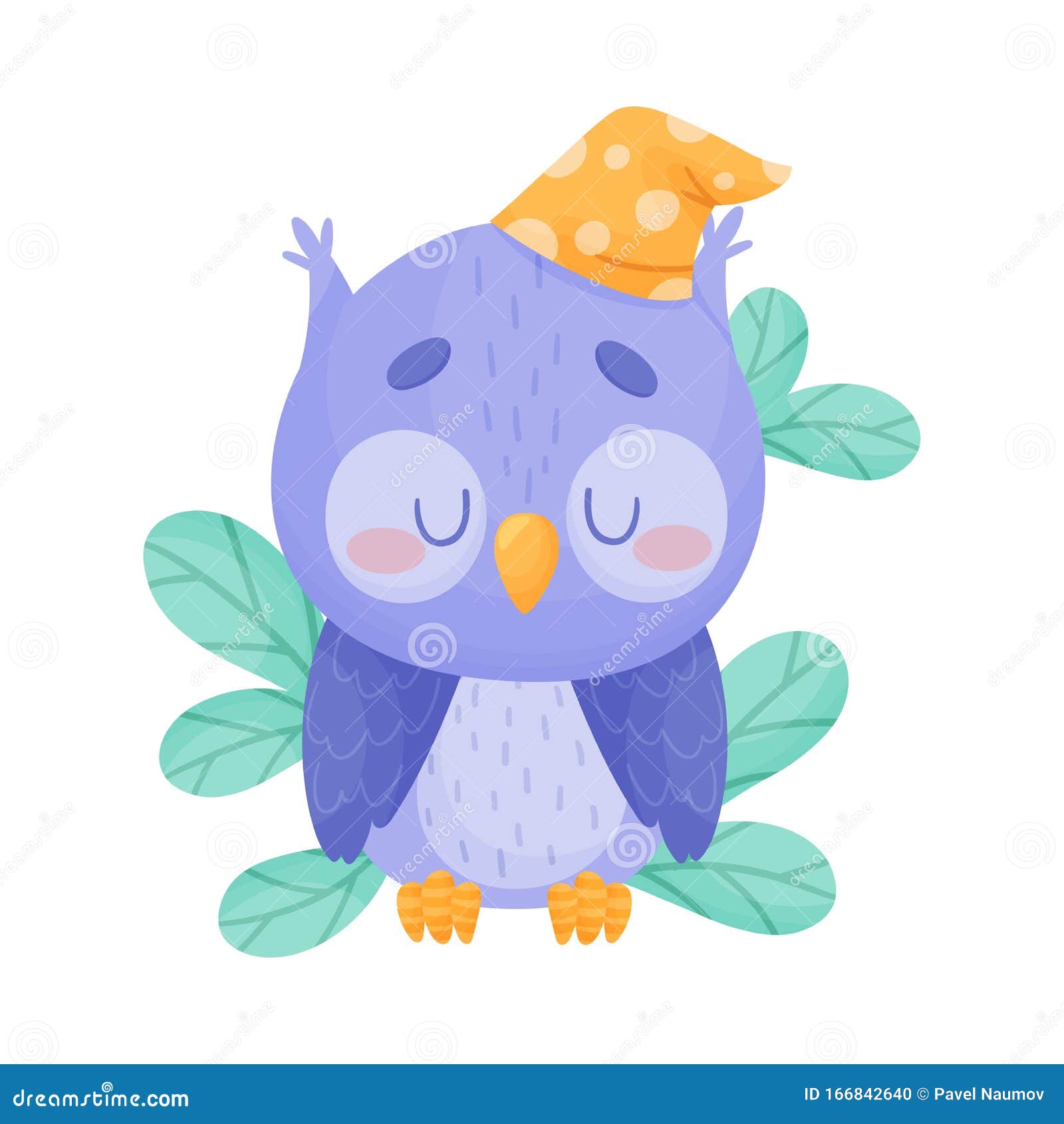 Cute Owl Cartoon Character Sleeping in Sitting Pose on Tree Branch ...