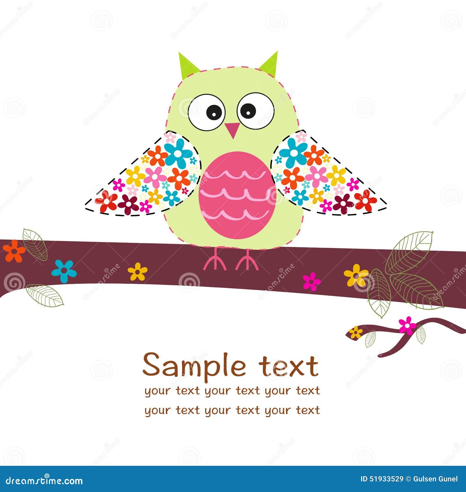 Cute Owl with Flowers Colorful Greeting Card Stock Vector