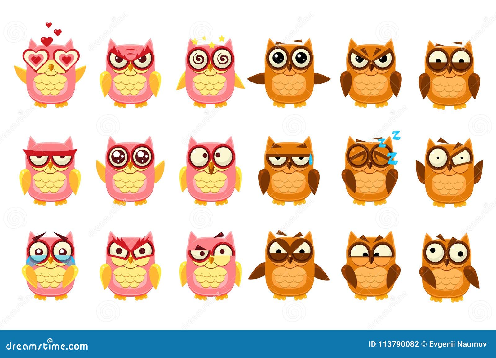 Cute Owls Set Funny Owlets With Various Emotions Vector Illustration Stock Vector 5154