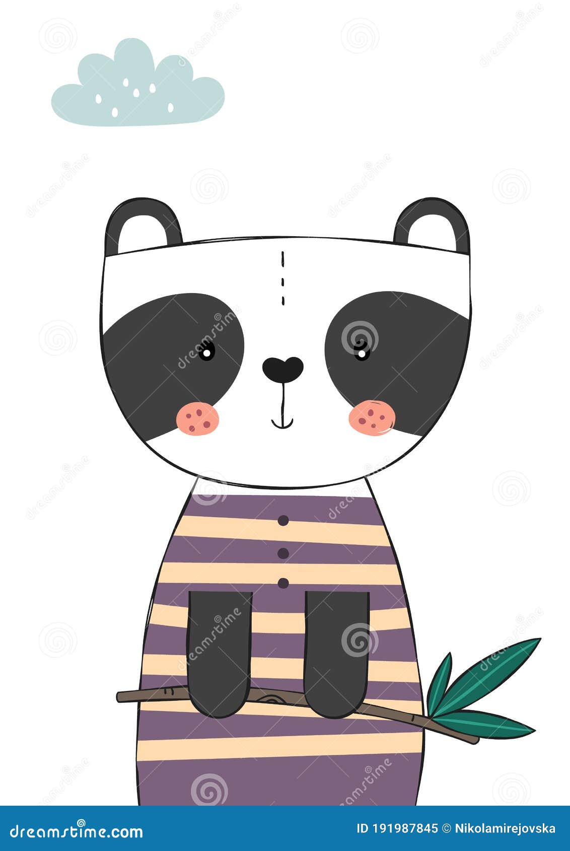 cute panda bear holding eucalyptus branch.