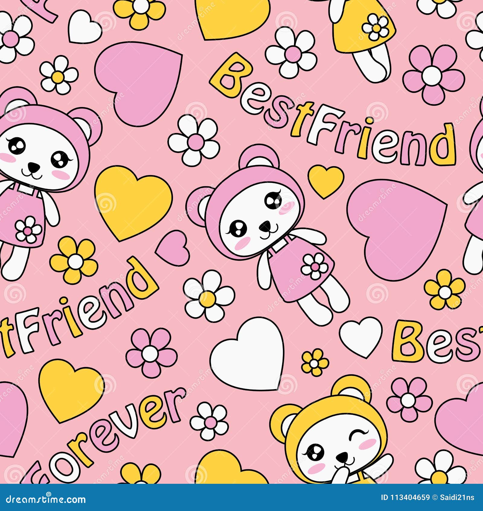 Cute Panda Girls, Love and Flowers on Pink Background Vector Cartoon  Pattern Stock Vector - Illustration of girl, animal: 113404659