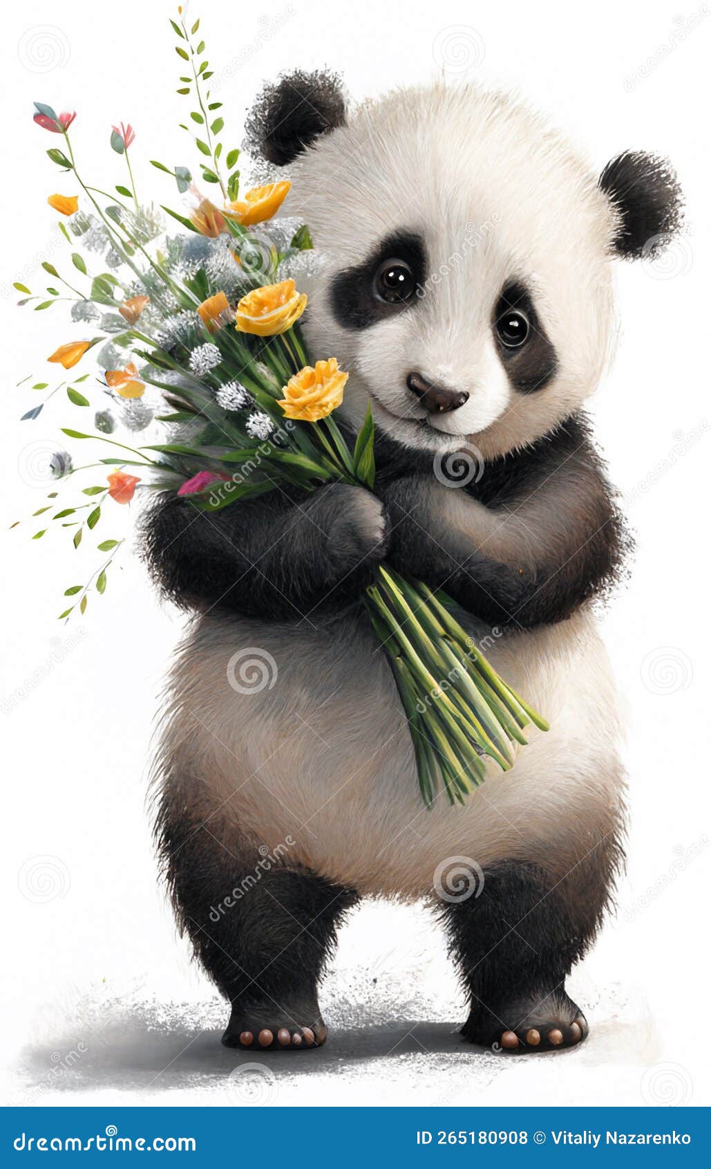 Cute Panda Holds a Bouquet of Flowers in Its Paws. AI Generated Stock