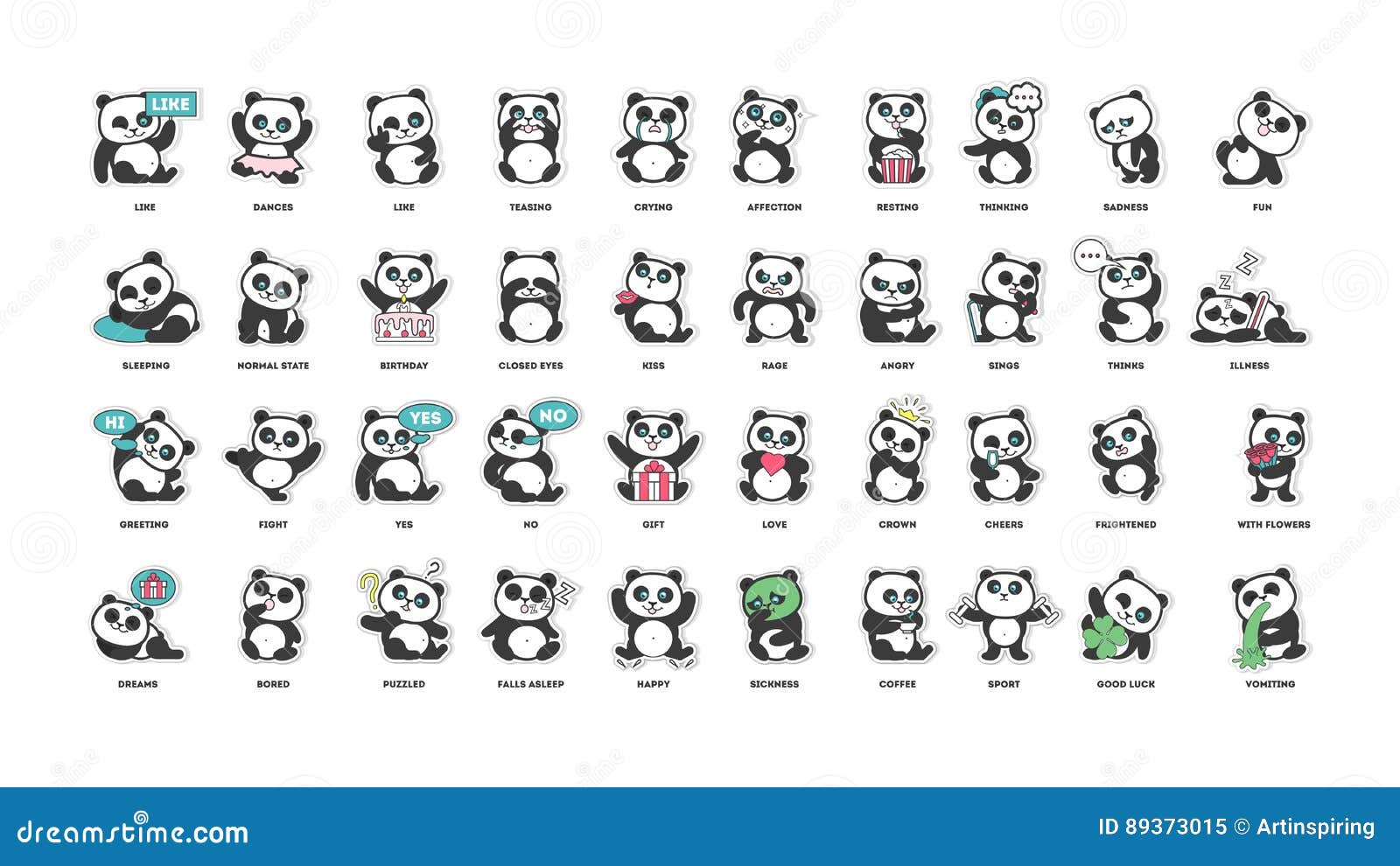 cute panda, stickers collection, in different poses, different moods