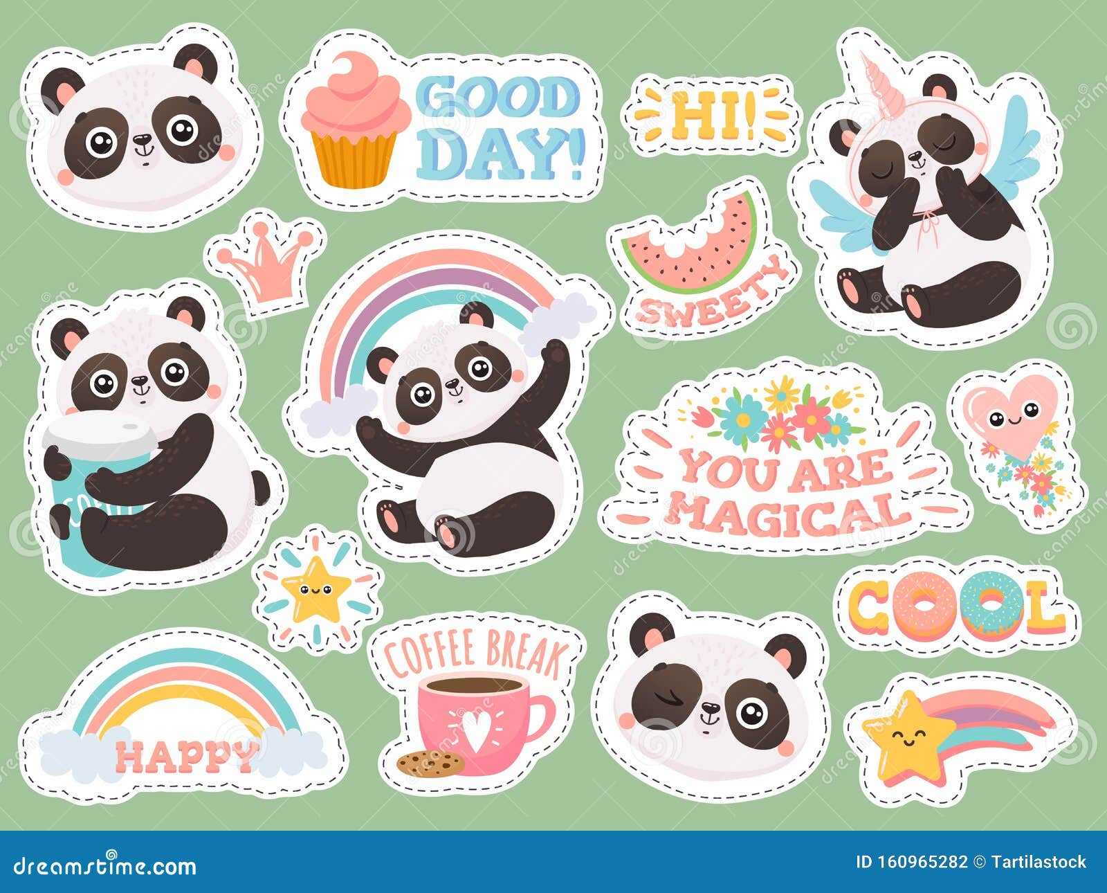 cute panda stickers. happy pandas patches, cool animals and winked panda sticker   set