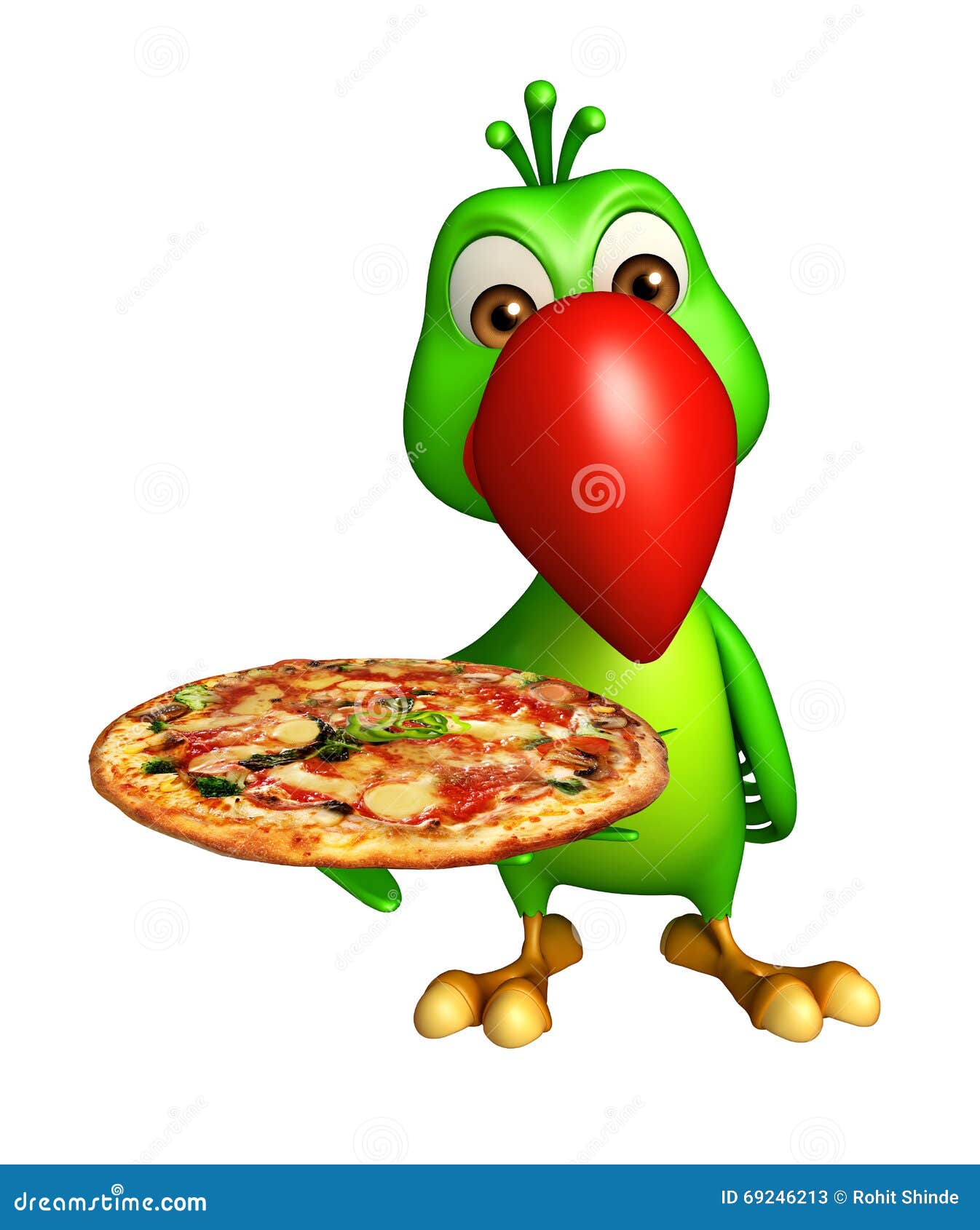 Cute Parrot Cartoon Character With Pizza Stock Illustration Image