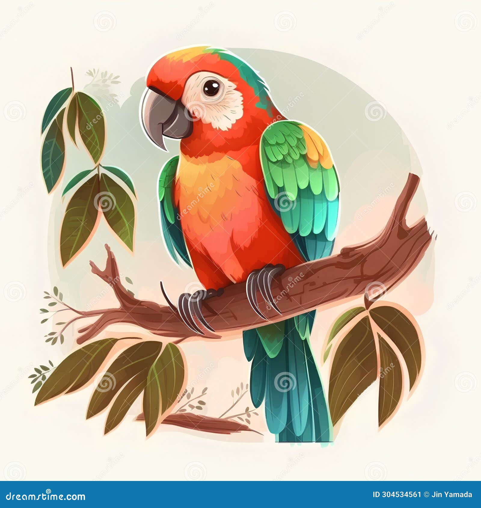 Cute Parrot Sitting on a Branch in the Jungle. Vector Illustration ...