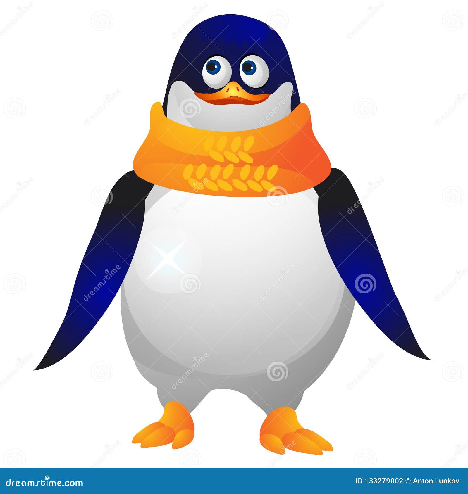 cute paunchy penguin in a yellow knitted scarf  on a white background. sketch of christmas festive poster, party