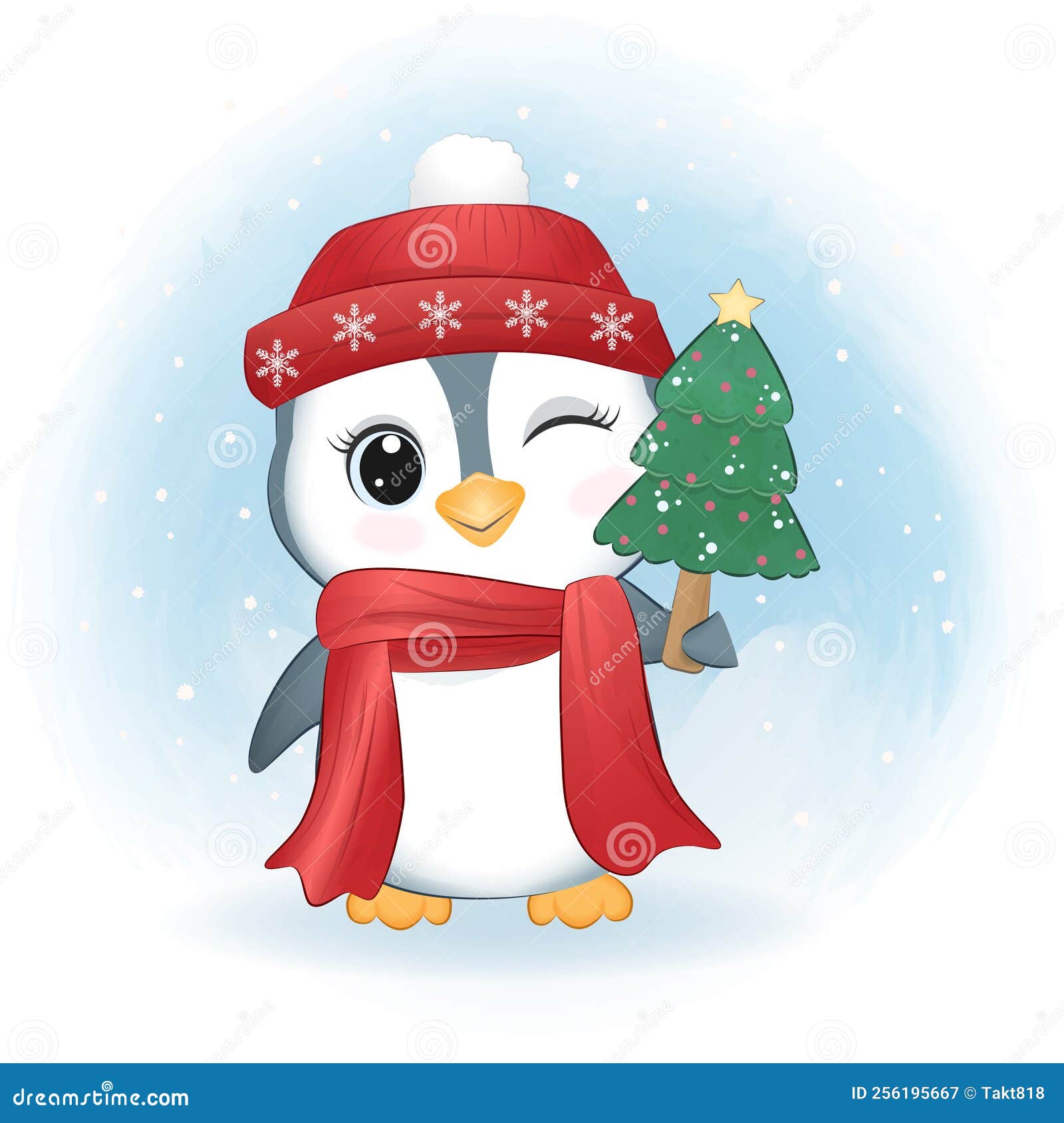 Cute Penguin and Christmas Tree. Christmas Season Stock Vector