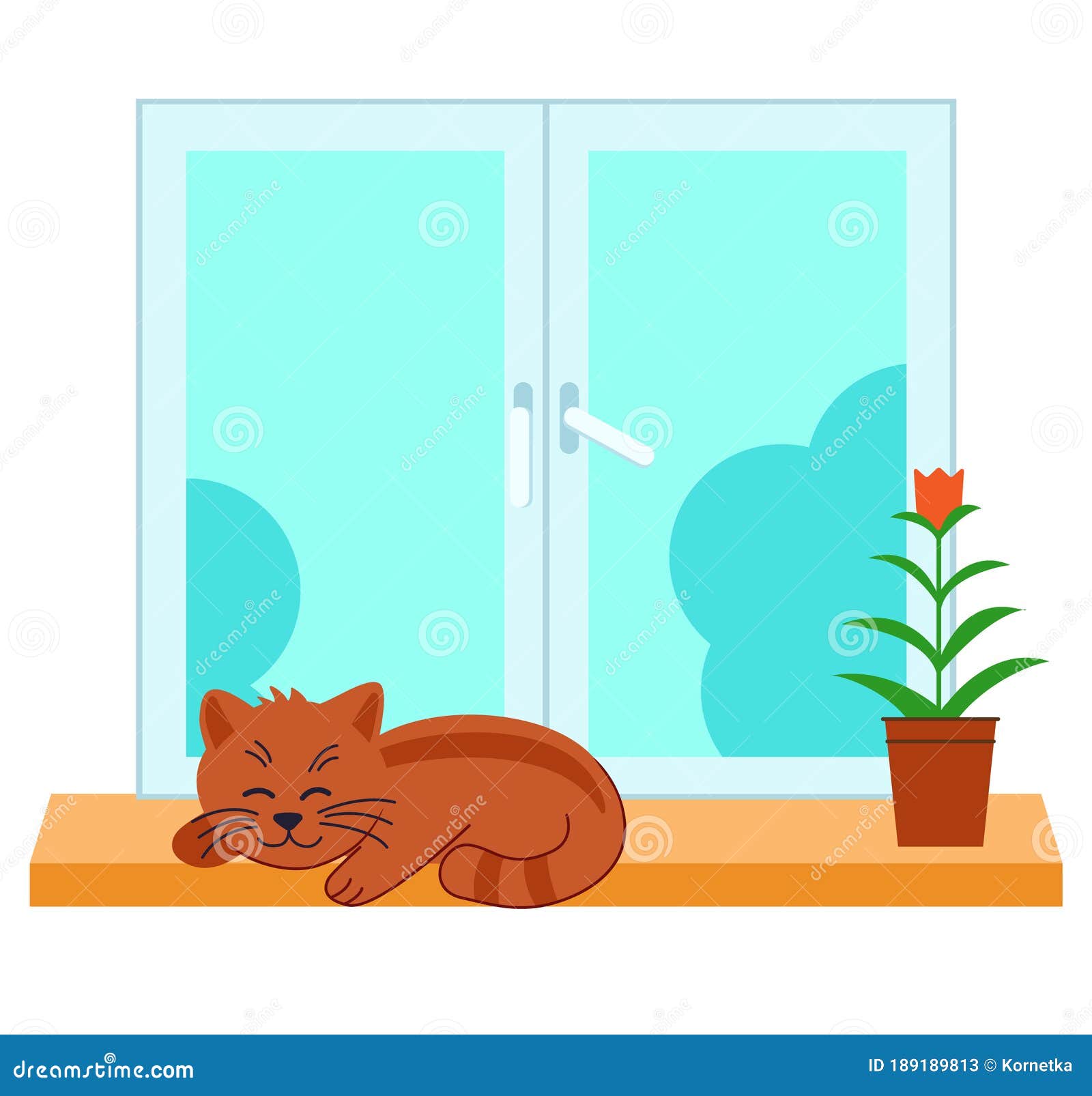 Cute Pet Cat Is Sleeps In The Windowflat Design Style Stock Vector