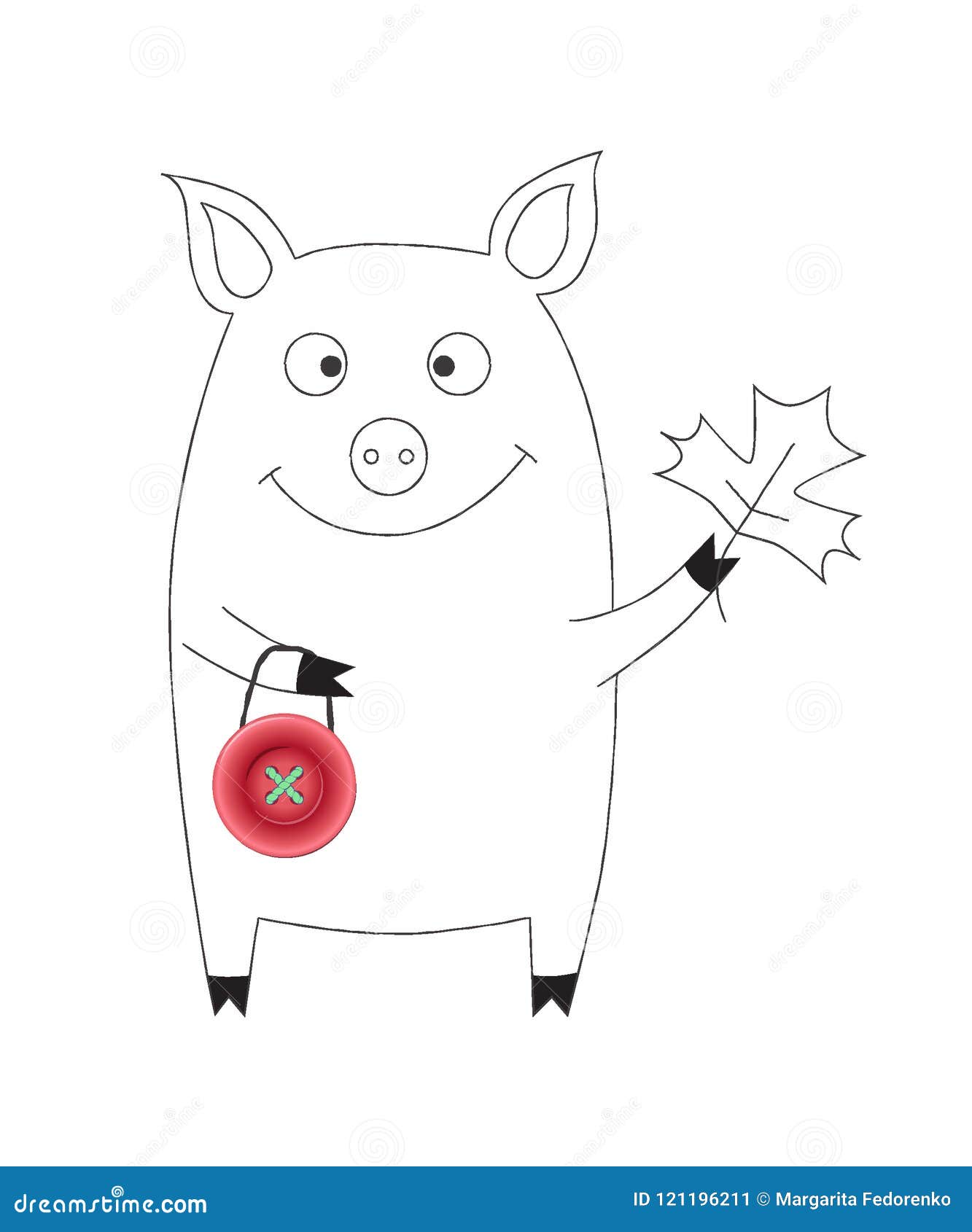 Cute Pig In Cartoon Linear Style With Realistic Pink Button Object