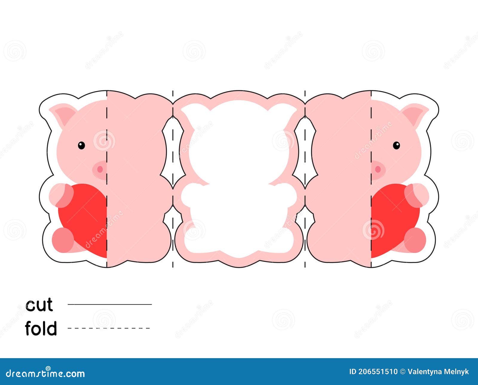 Cute Pig Hold Heart. Fold Long Greeting Card Template. Great for In Fold Out Card Template
