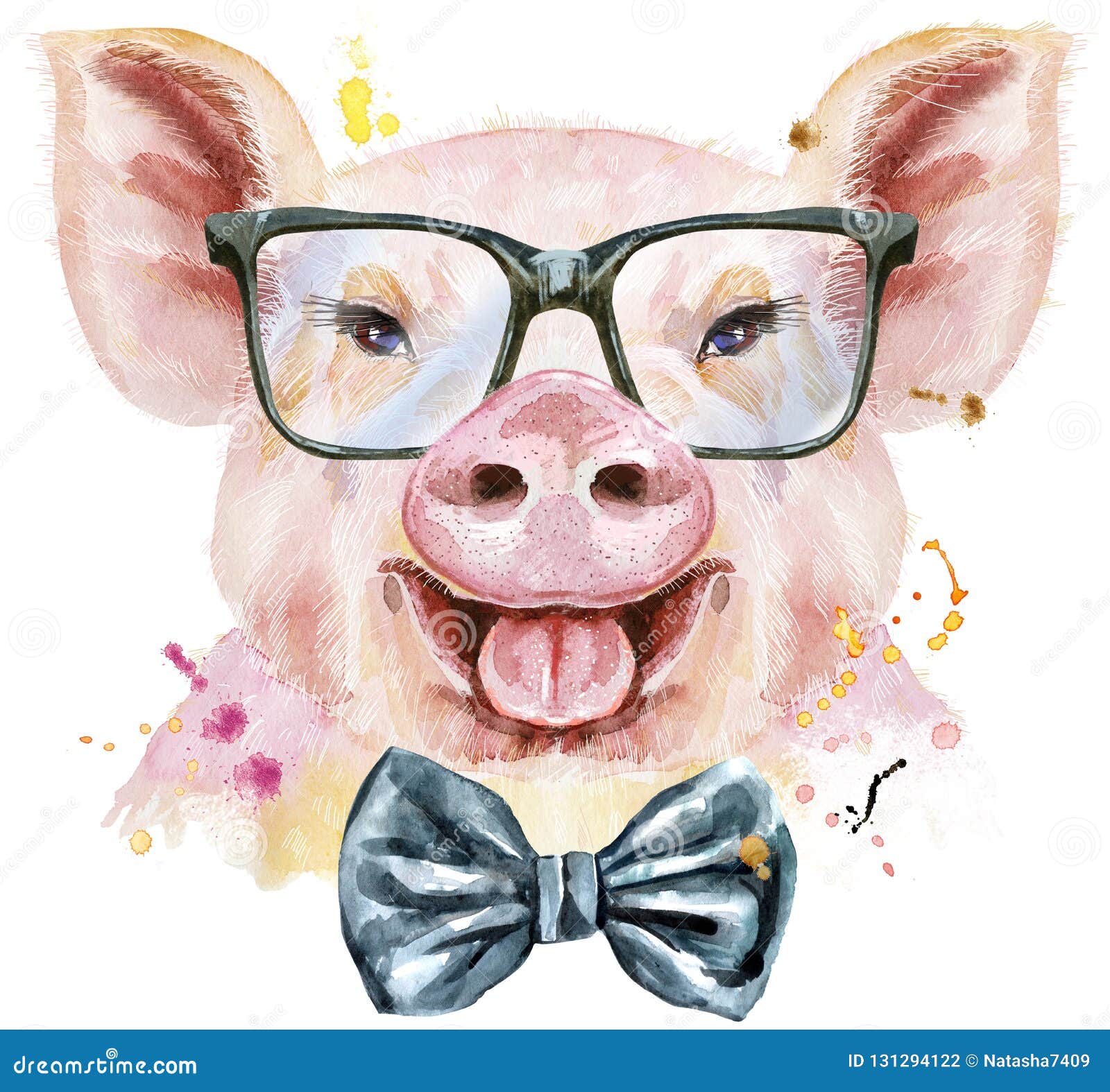 Download Watercolor Portrait Of Pig With Bow-tie And Glasses Stock Illustration - Illustration of farrow ...