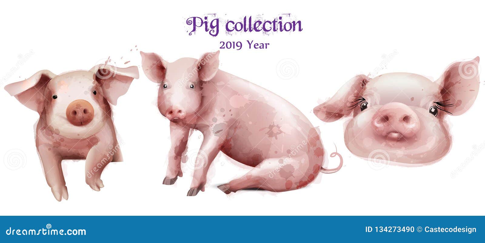 Download Cute Pigs Icon Set In Watercolor Vector. Pig New Year ...
